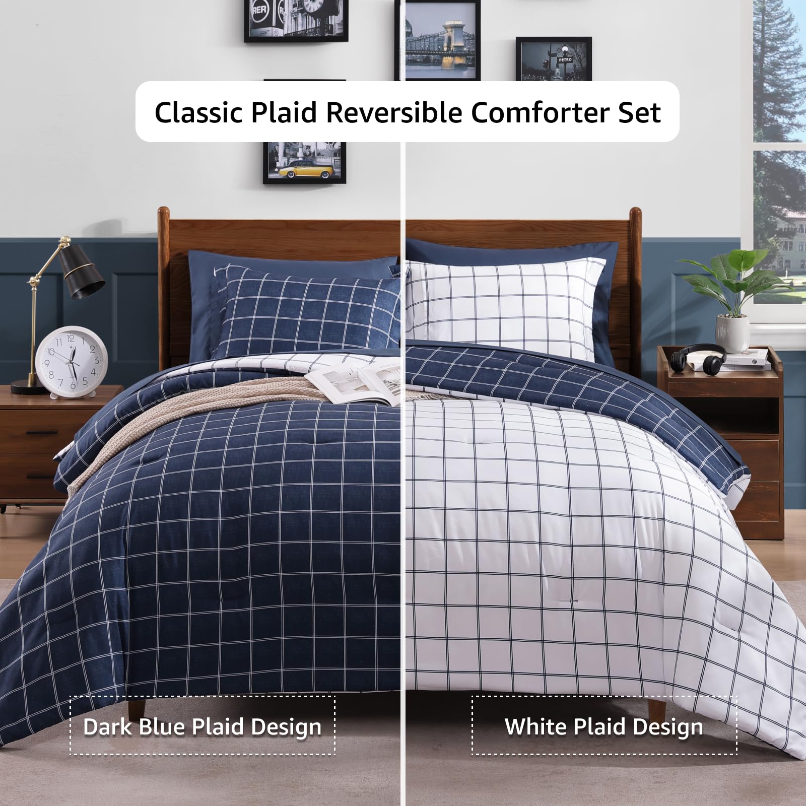 Plaid Queen Schmusetuch Set dunkelblau 7-teilig Wendebett in einer Tasche | Farmhouse Bettwäsche-Set, kariert, für Jungen, Mädchen, Teenager, mit Laken, Kissenbezügen und Kissenbezügen
