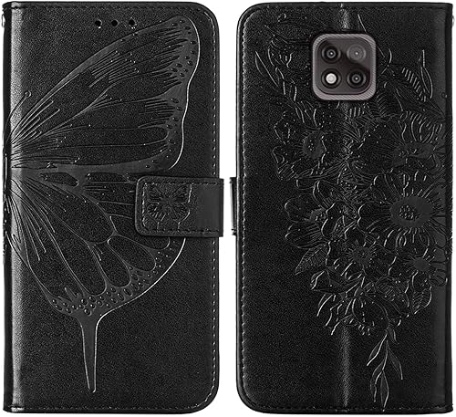 Miniatura 8 de Funda compatible con Moto G Power 2021, función atril, correa de muñeca, ranuras para tarjetero, diseño floral de mariposa en relieve, funda
