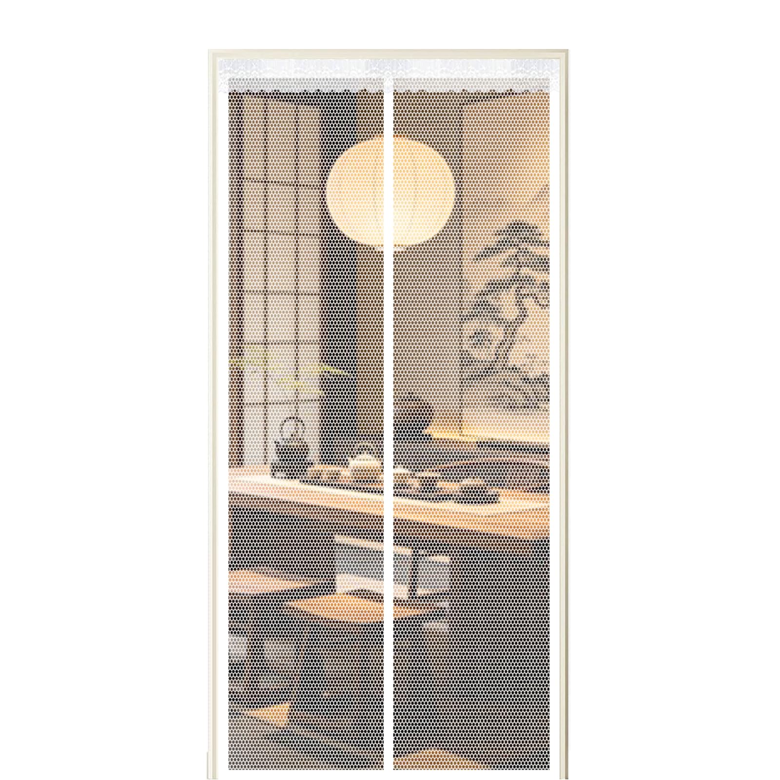 Screen Door 195 x 255 cm Self Sealing Powerful Magnets Hands Free Mesh Net Partition with Powerful Magnets & Full Frame Magic Tape Suitable for Patio Doors Balcony Bedroom, White