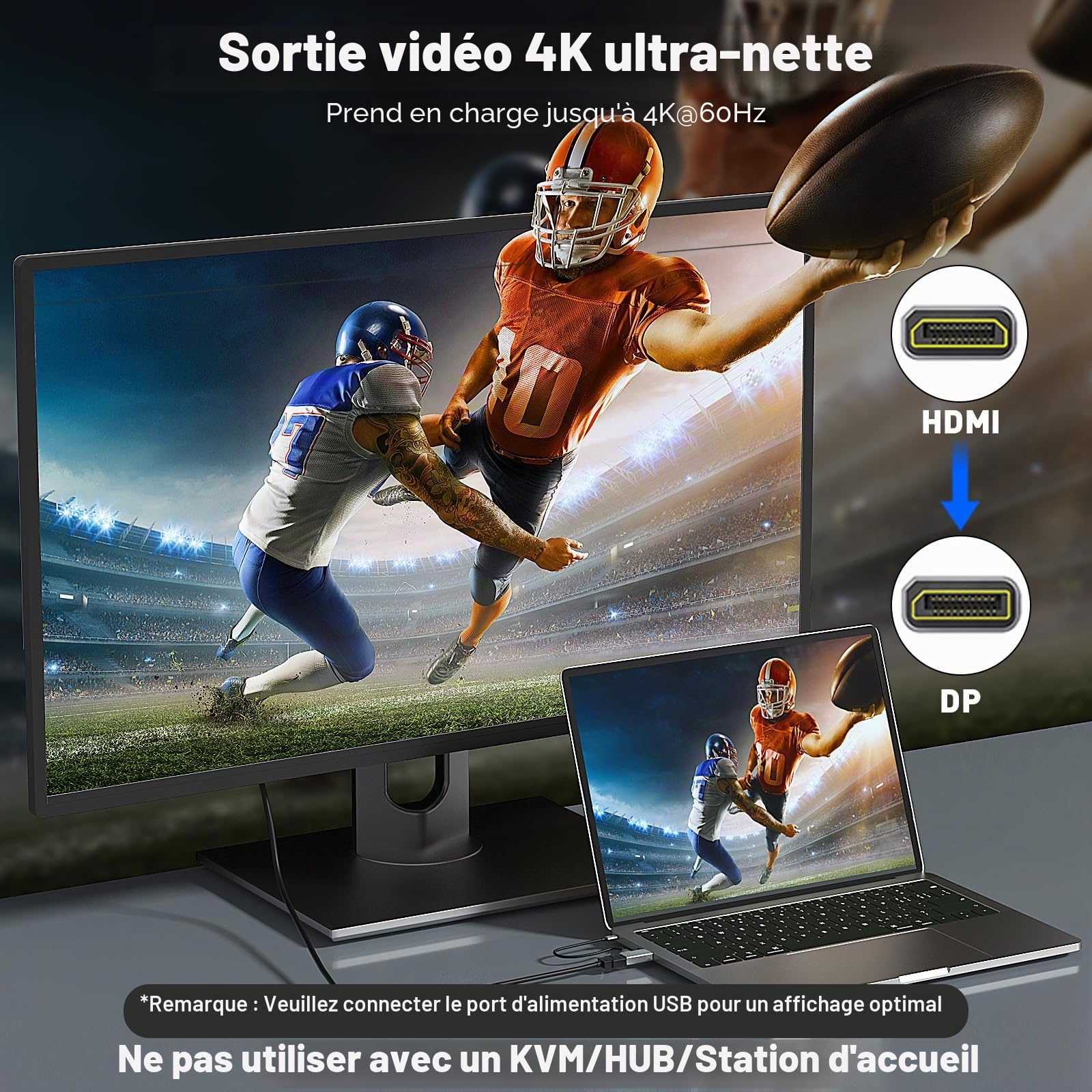 UANTIN Adaptateur HDMI vers DisplayPort (4K 60Hz, 1080p 120Hz) Convertisseur unidirectionnel HDMI mâle vers DP femelle [Pack de 2] pour moniteur compatible avec GPU, ordinateur portable, AMD, NVIDIA