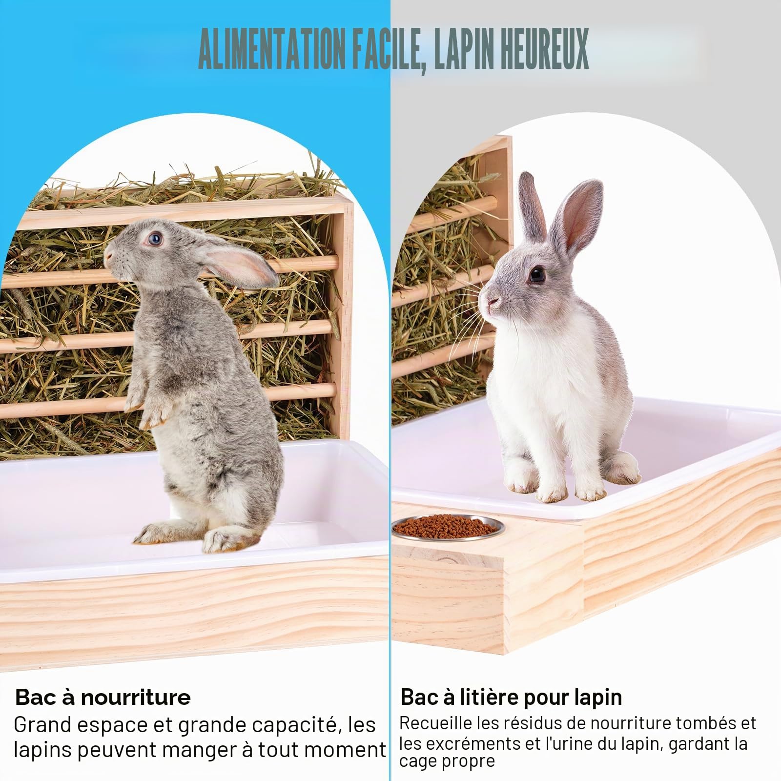 Grande mangeoire à Foin 4 en 1 pour Lapin avec bac à litière en Bois Automatique en Bois avec 2 Bols pour Lapins, cochons d'Inde, Chinchilla et Autres Petits Animaux