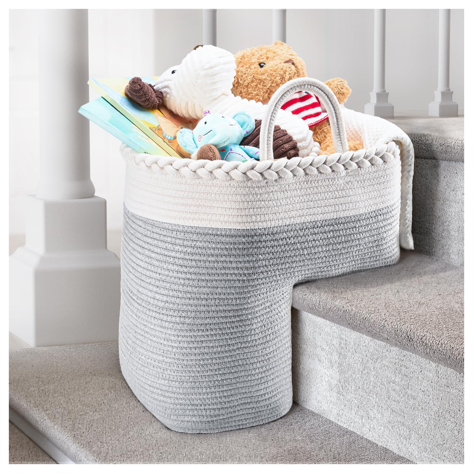 Puricon Cestas de Escalera, Cesta Plegable de Algodón de Almacenamiento con Asa Organizador de Escalera en Forma de L -Gris