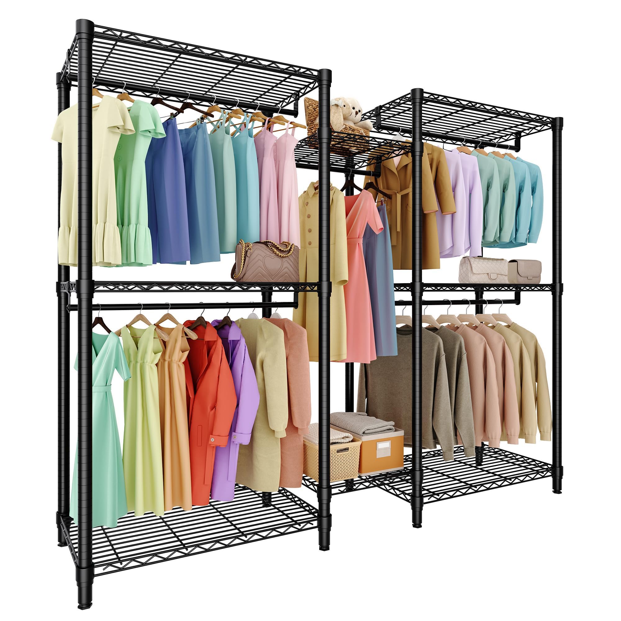 Perchero de Ropa Resistente, Armario Vestidor con 3 Combinaciones, Niveles 3×2×3, Vestidor Profesional para Dormitorio de Adulto, Perchero de Dos Pisos, Negro 195×45×195cm