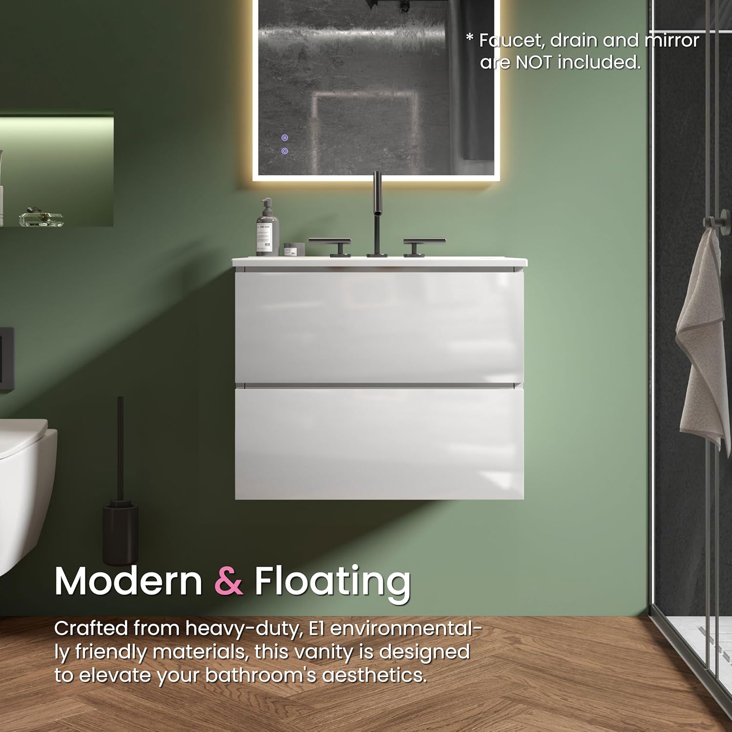 24" Bathroom Vanity with Sink, Modern Floating Vanity with Double Soft Closing Drawers, Large Storage for Small Space, Glossy White, Fully Assembled - Iris Collection