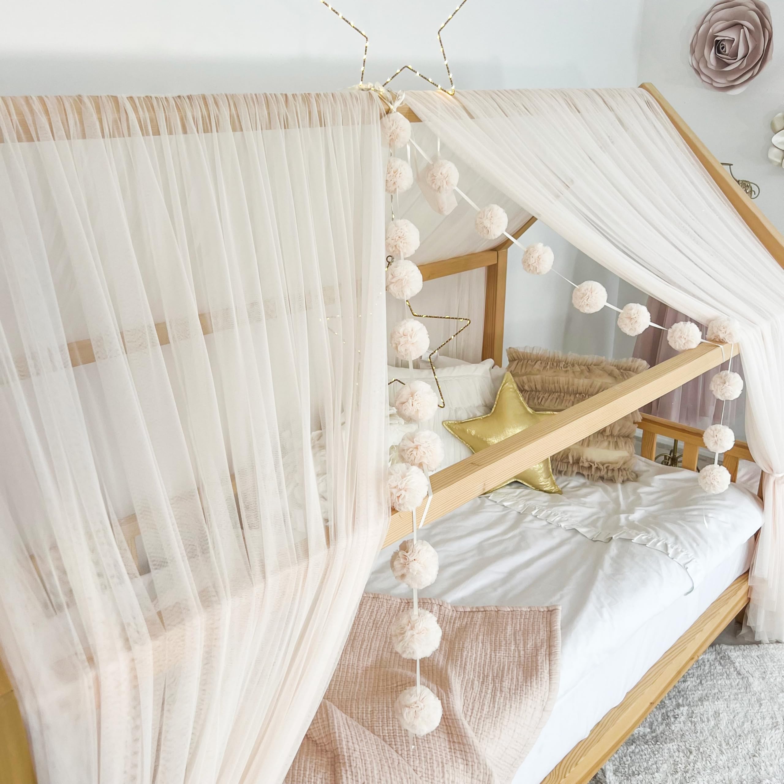 Tenda a baldacchino per letto della cameretta dei bambini, decorazione per letto montessori, tenda da gioco in morbido tulle per bambini (rosa vaniglia morbida, 380 cm, set da 4)