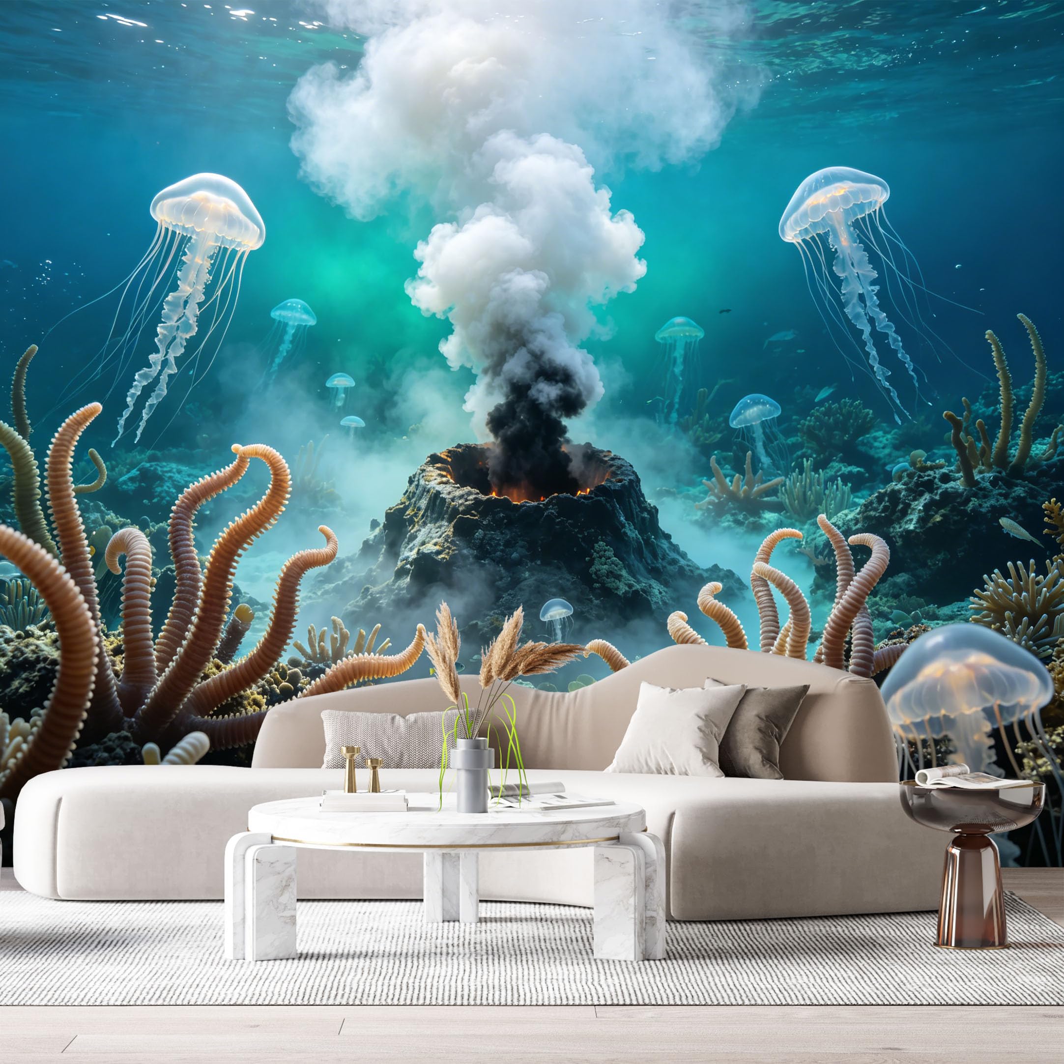 Custom Size Wall Murals Ocean Marine Underwater Volcano Jellyfish Coral Reef SelfAdhesive Wall Fabric Removable Large Wallpaper for Photo Living Room