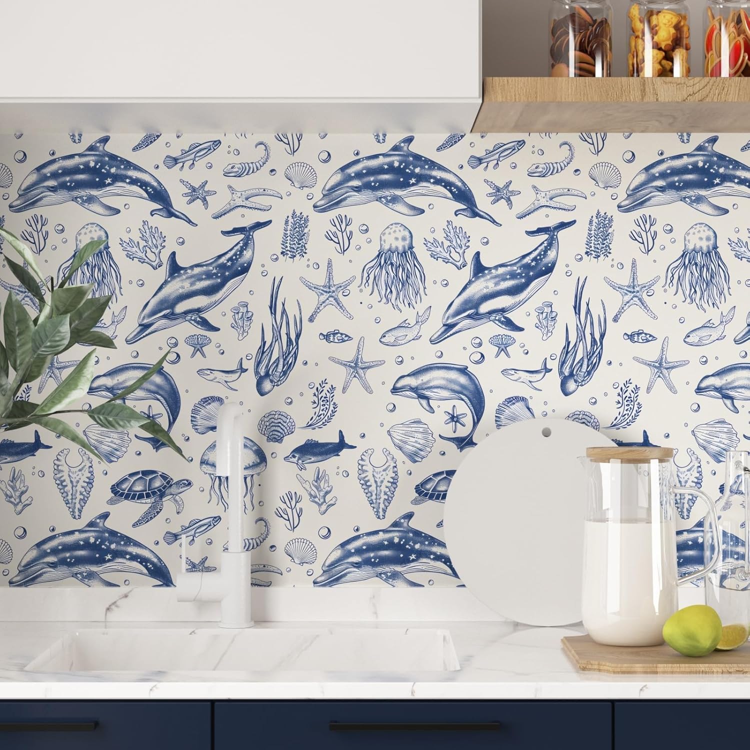 Whale Wallpaper Peel and Stick, Blue Sea Ocean Contact Paper 17.5" x 393.7", Underwater World Wall Paper Self Adhesive Removable Waterproof for Bathroom Shelf Cabinet Table Drawer