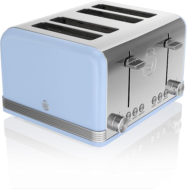 Swan Retro, 4 Slice Toaster, Defrost/Reheat and Cancel Functions, Browning Control, Automatic Shut-off, High Lift Function, Retro Design, 1600W, Blue, ST19020BLN