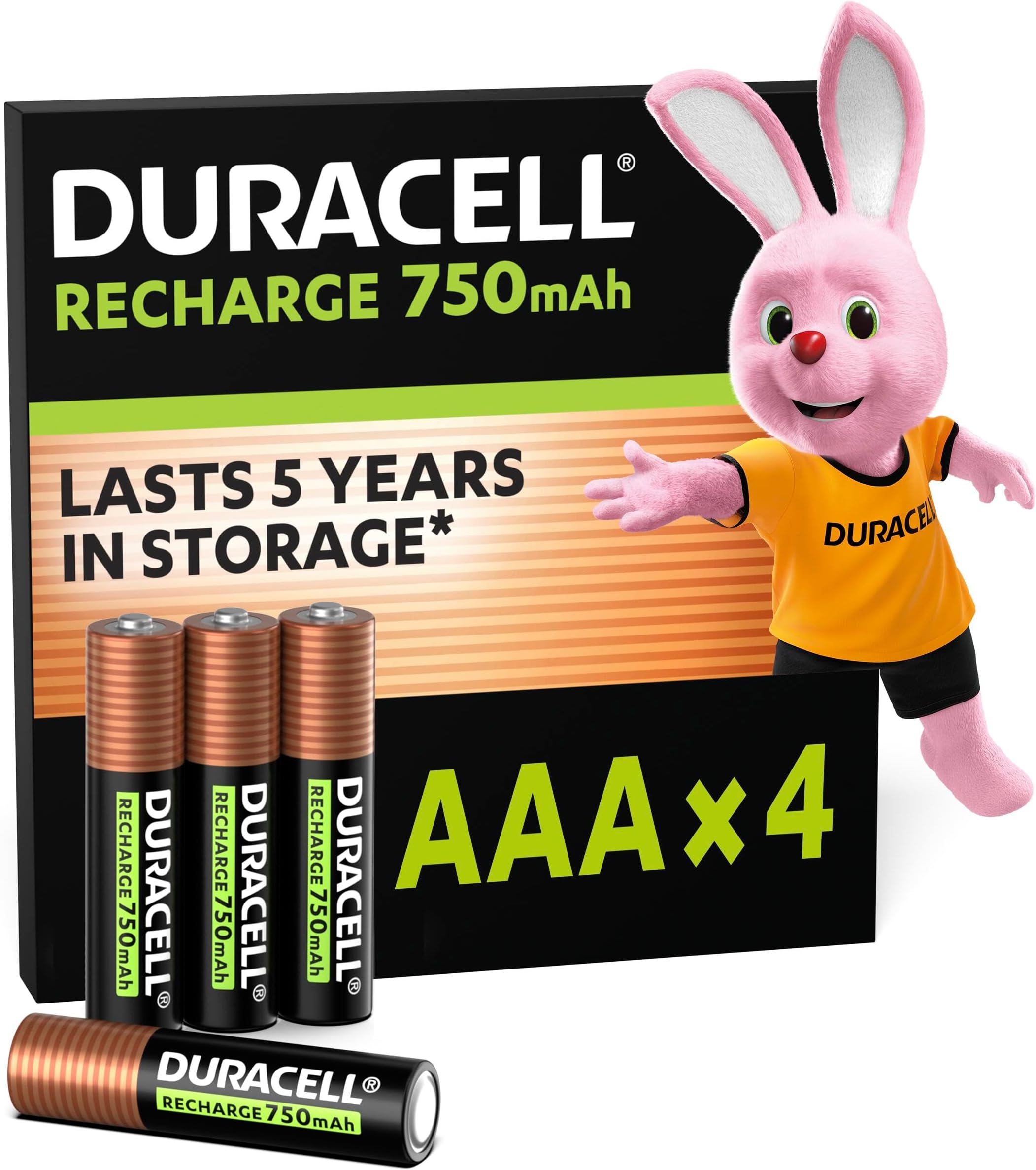 Duracell Rechargeable Batteries, 4pcs, AAA 750mAh NiMH, 1000 cycles, Factory charged, Long lasting performance with 100% recyclable packaging, plastic free