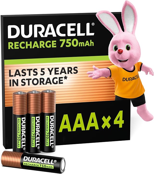 Duracell Batterie Ricaricabili AAA (Confezione da 4), Pile ricaricabili, 750 mAh NiMH, 1000 ricariche, pre-caricate, energia di lunga durata con una confezione plastic free e 100% riciclabile