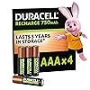 Duracell AAA Rechargeable Batteries (Pack of 4), 750 mAh NiMH, 1000 cycles, pre-charged, Long Lasting Power with a 0% plastic 100% recyclable packaging Duracell AAA Rechargeable Batteries (Pack of 4), 750 mAh NiMH, 1000 cycles, pre-charged, Long Lasting Power with a 0% plastic 100% recyclable packaging