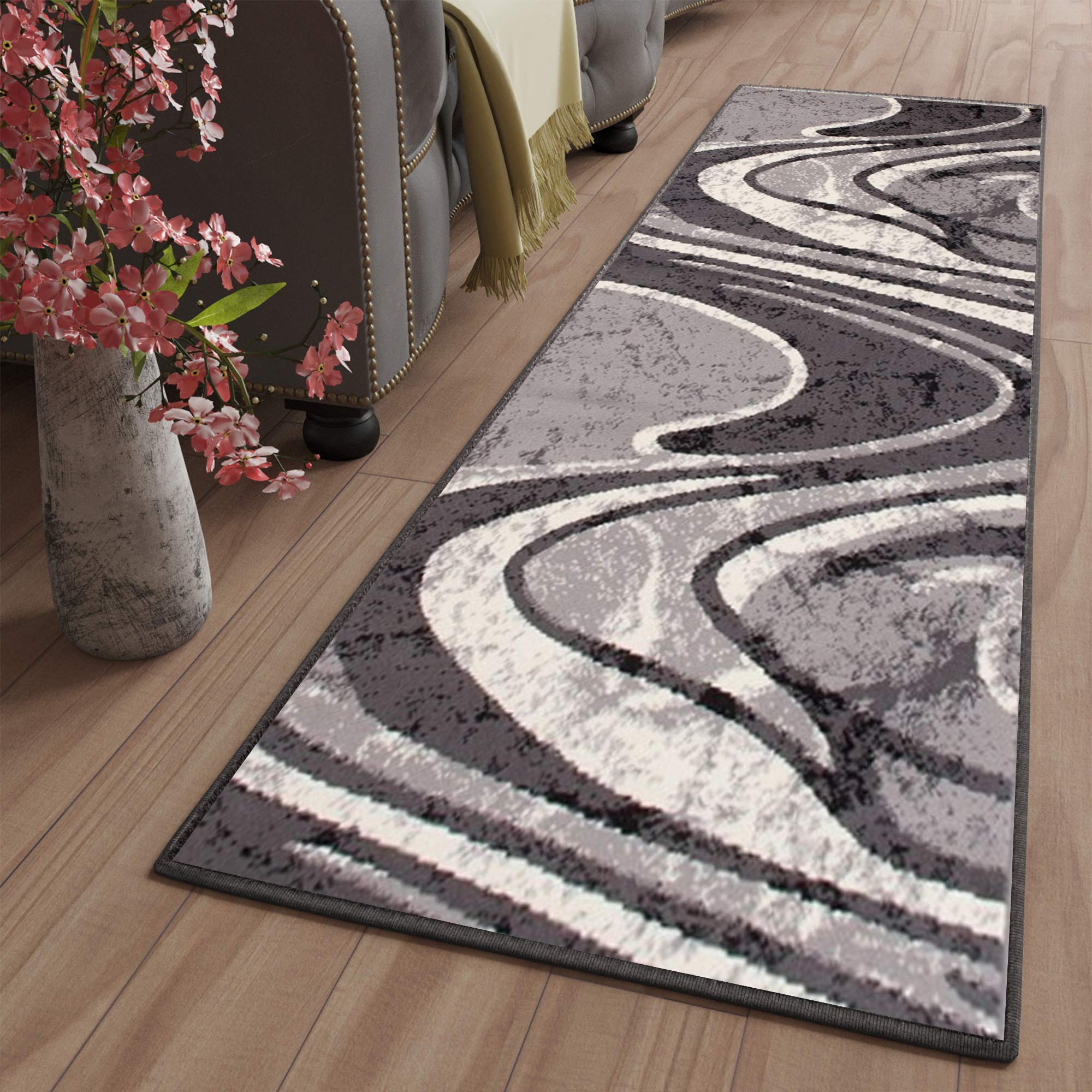 TAPISO Dream Läufer Teppich Meterware Flur Brücke Modern Wellen Streifen Gestreift Grau Creme nach Maß Wohnzimmer Schlafzimmer ÖKOTEX 100 x 360 cm
