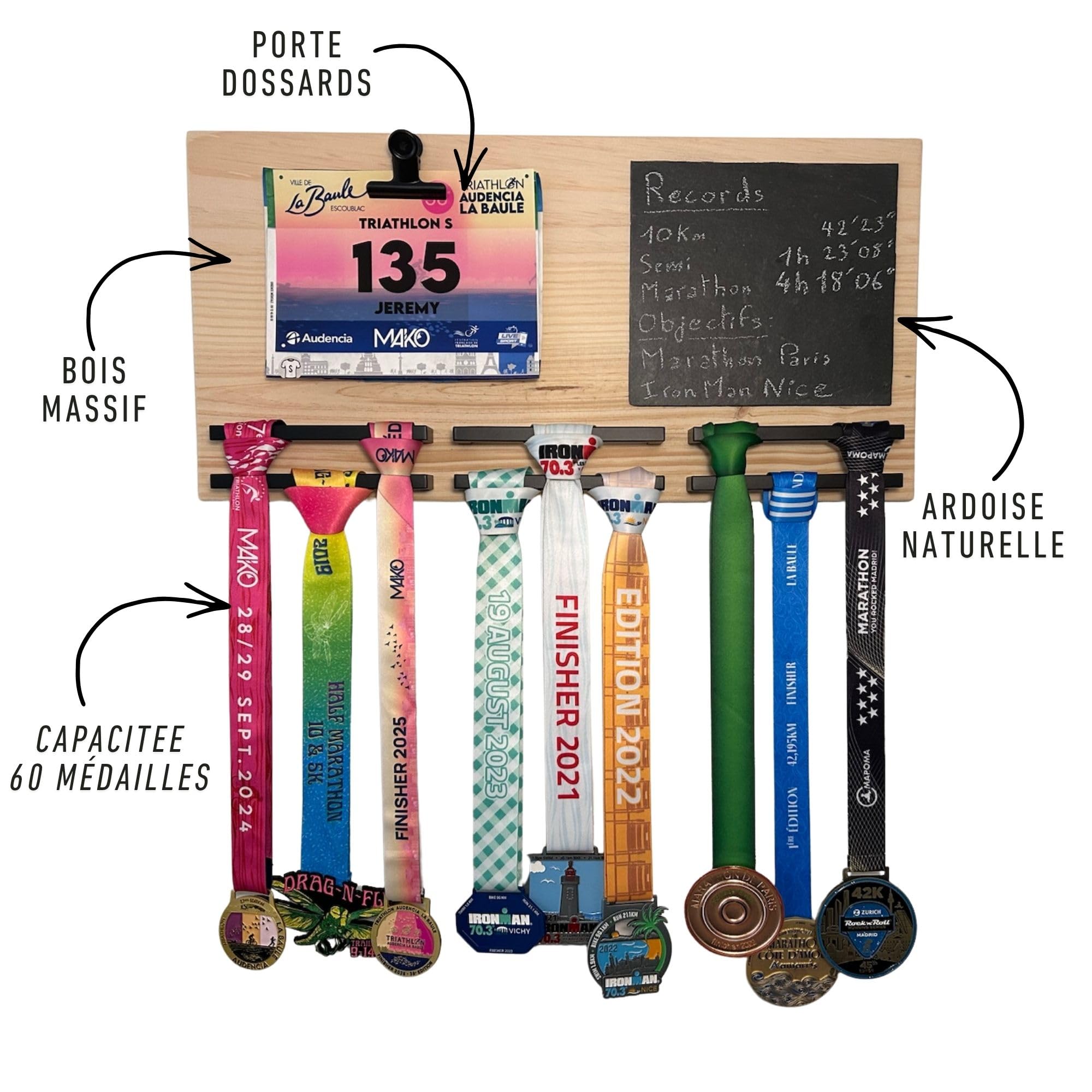 Générique Porte Médailles et Support dossards Premium 60 médailles en Bois Massif – Running Triathlon, Marathon et Ironman Finisher