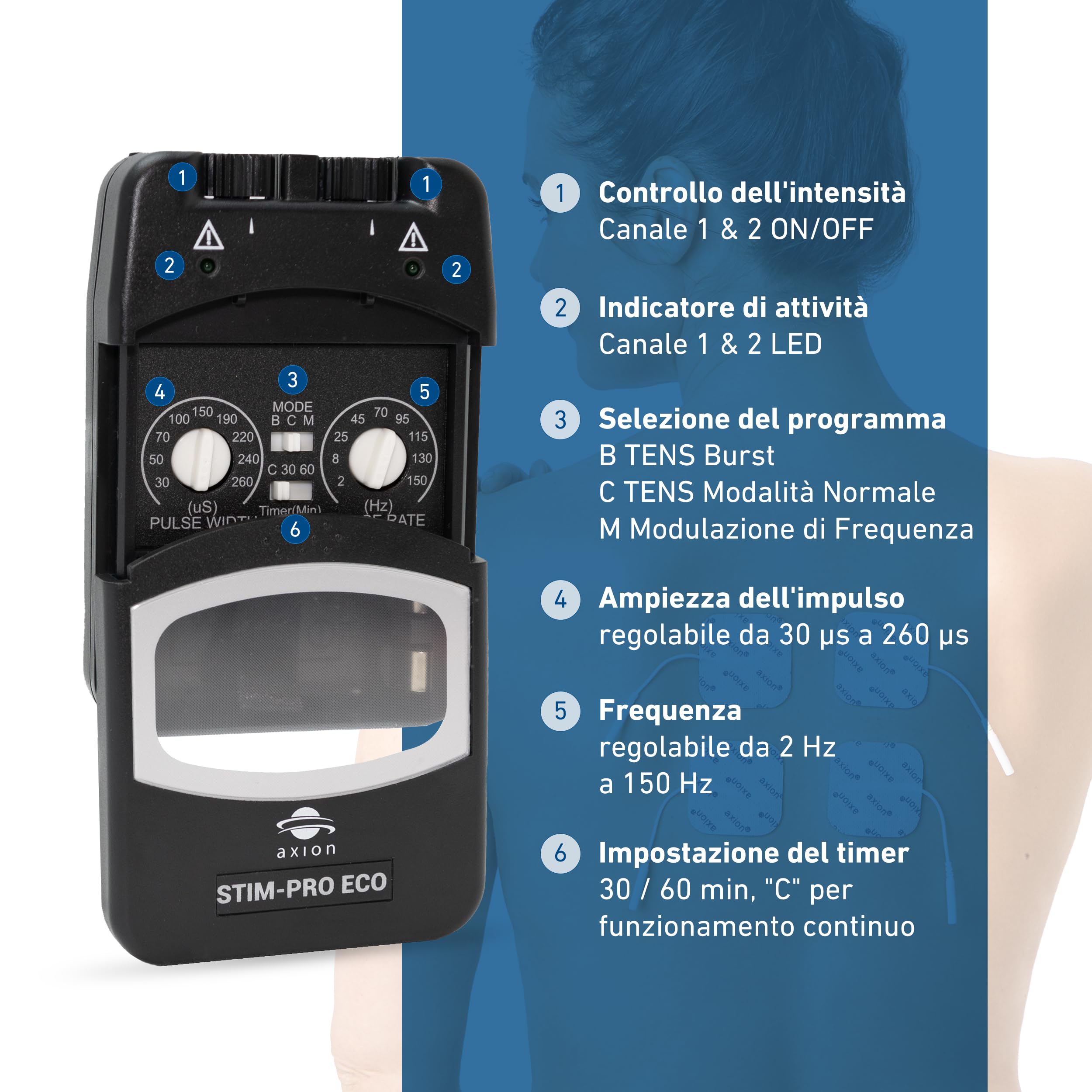 Dispositivo TENS a 2 canali STIM PRO ECO - Dispositivo TENS manuale compatto e potente per la terapia del dolore con 4 elettrodi da 5x5 cm - parametri regolabili - axion