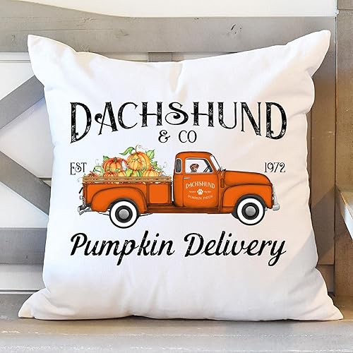 BMS083 - Funda de almohada de otoño, entrega de calabaza con perro salchicha, regalo de perro salchicha, regalo de perro Doxie, funda de almohada