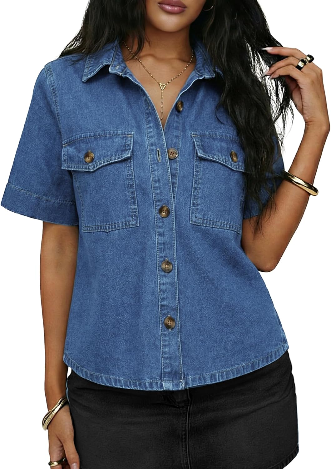 Denim Shirt Women Short Sleeve Button Down Jean Shirts Casual Summer Denim Tops with Pockets