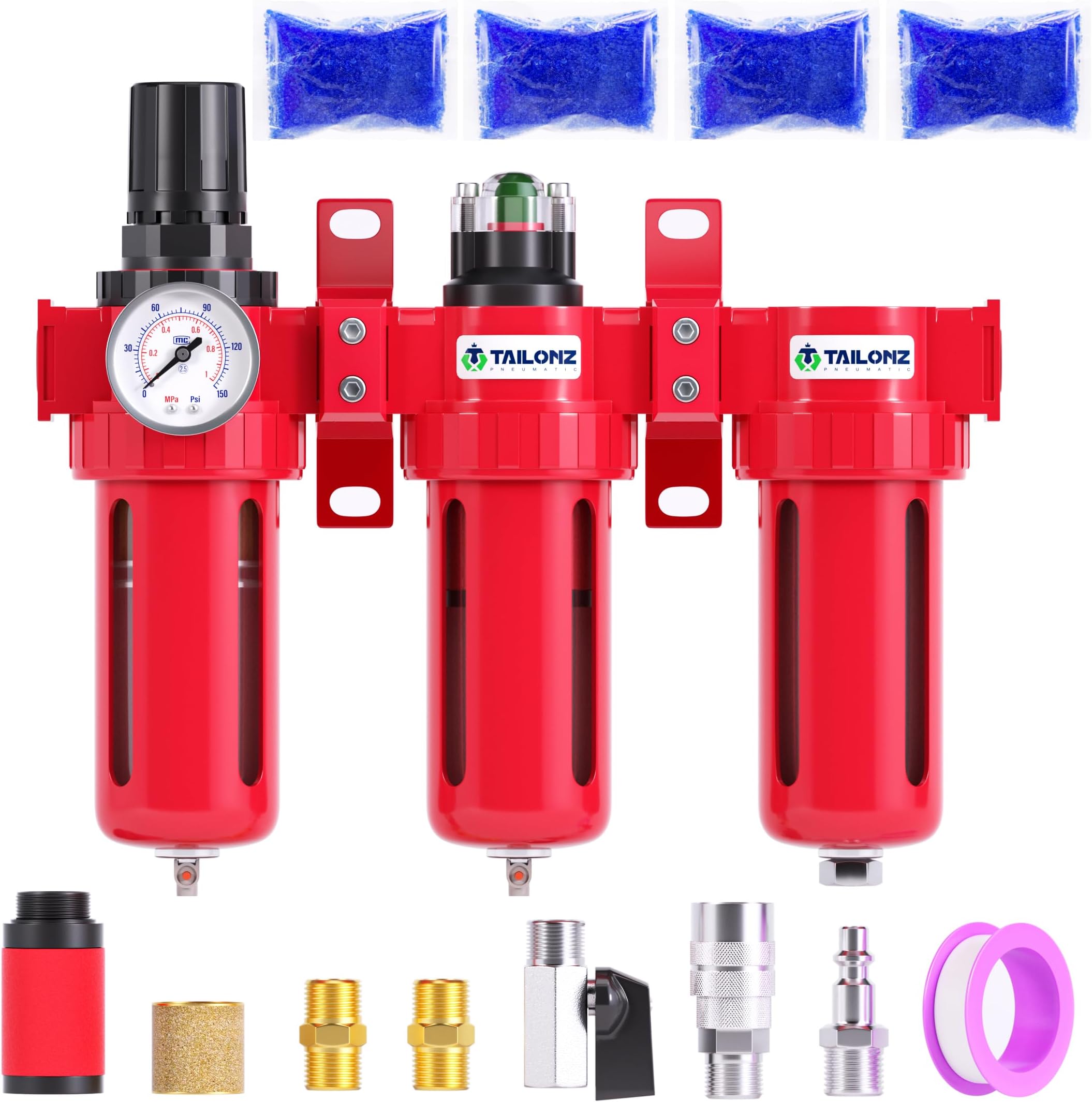 0-150PSI 1/4 Inch NPT Aluminum Alloy Industrial Grade Three Stage Air Drying System, Particulate Filter, Coalescing Filter, Desiccant Dryer and Air Regulator (Manual Drainage)