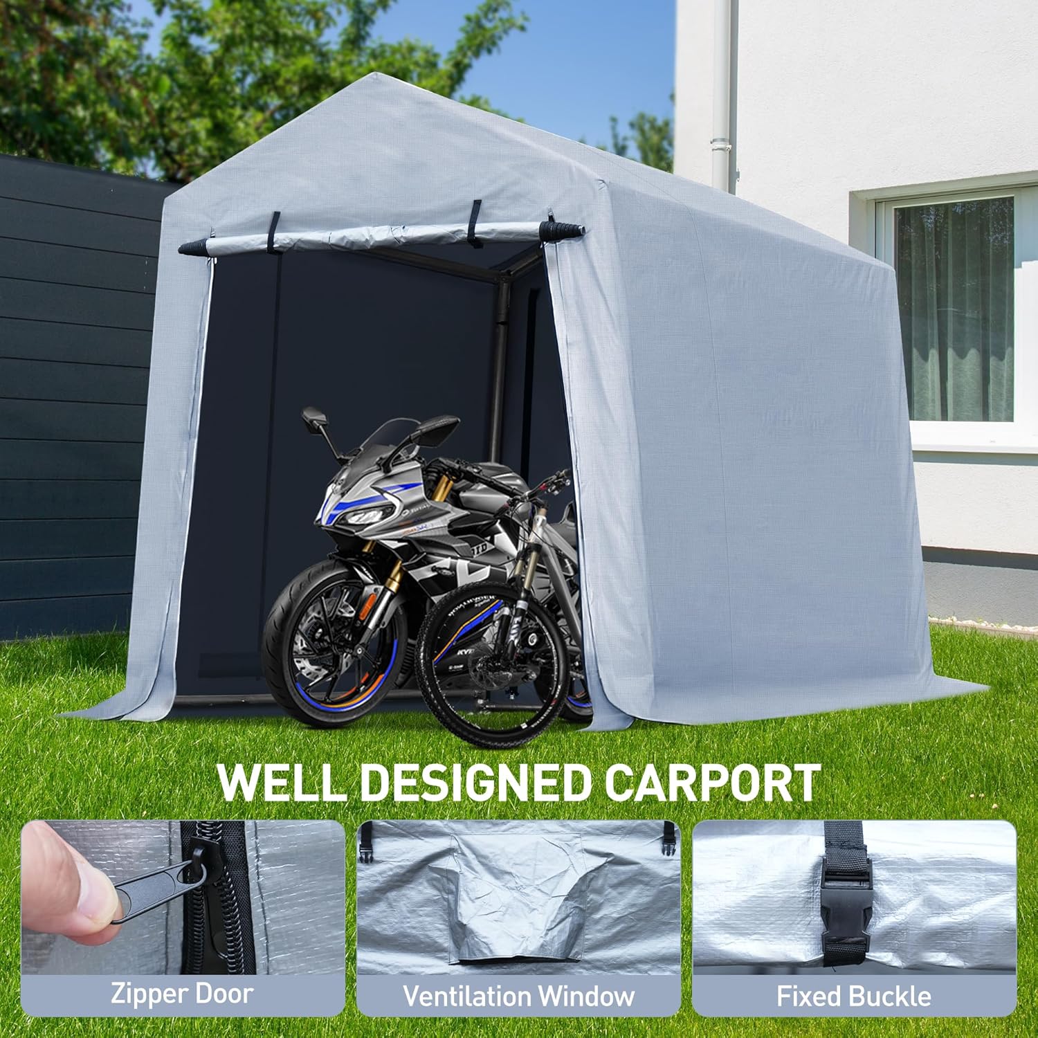 6x7x8FT Portable Storage Shed, Heavy Duty Outdoor Storage Shelter with Waterproof Cover, Portable Garage with Roll-Up Zipper Door and Ventilated Window for Motorcycles, Bicycles, Boats, Party 6x7x8FT Portable Storage Shed, Heavy Duty Outdoor Storage Shelter with Waterproof Cover, Portable Garage with Roll-Up Zipper Door and Ventilated Window for Motorcycles, Bicycles, Boats, Party