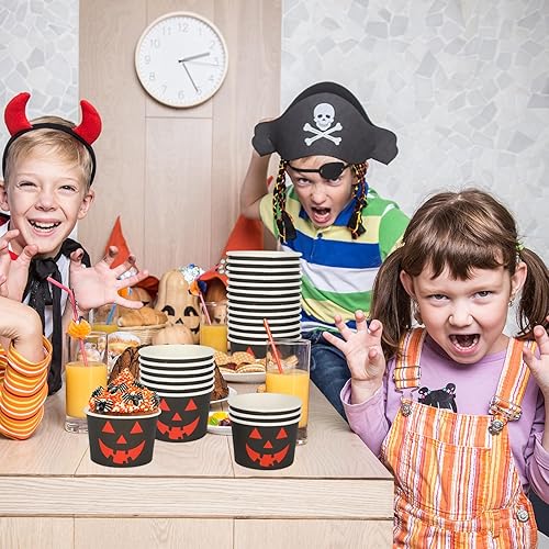 Miniatura 7 de AnyDesign 50 tazas de papel desechables con cara de calabaza, de 6.5 onzas, tazas de papel negro y naranja, cuencos de postre para helado de postre