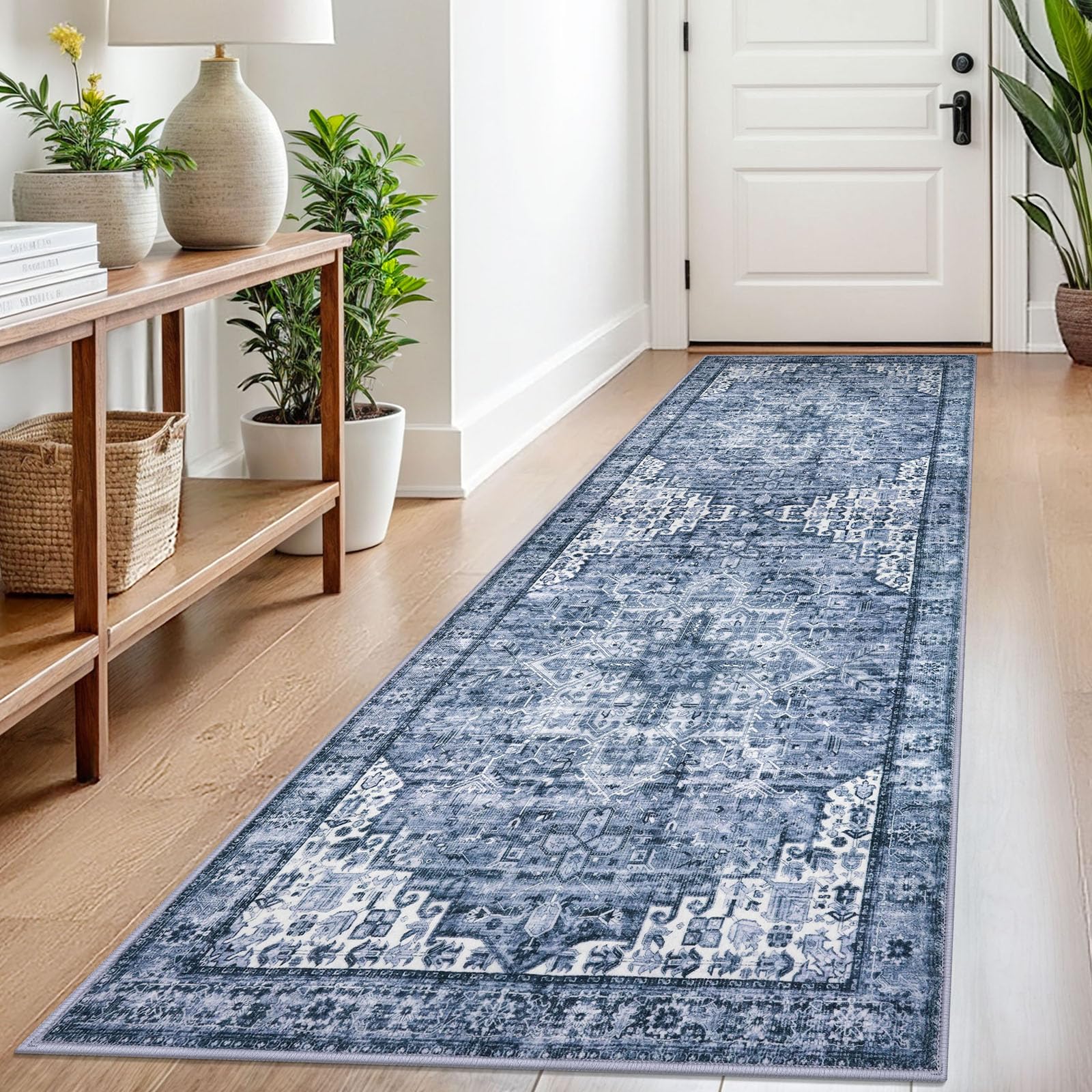 SIILOOM 2.6x8 Washable Rug for Entrance, Blue Soft Printed Area Rug, Non-Slip Kitchen Rugs, Low-Pile Medallion Indoor Door Mat, Small Farmhouse Carpet