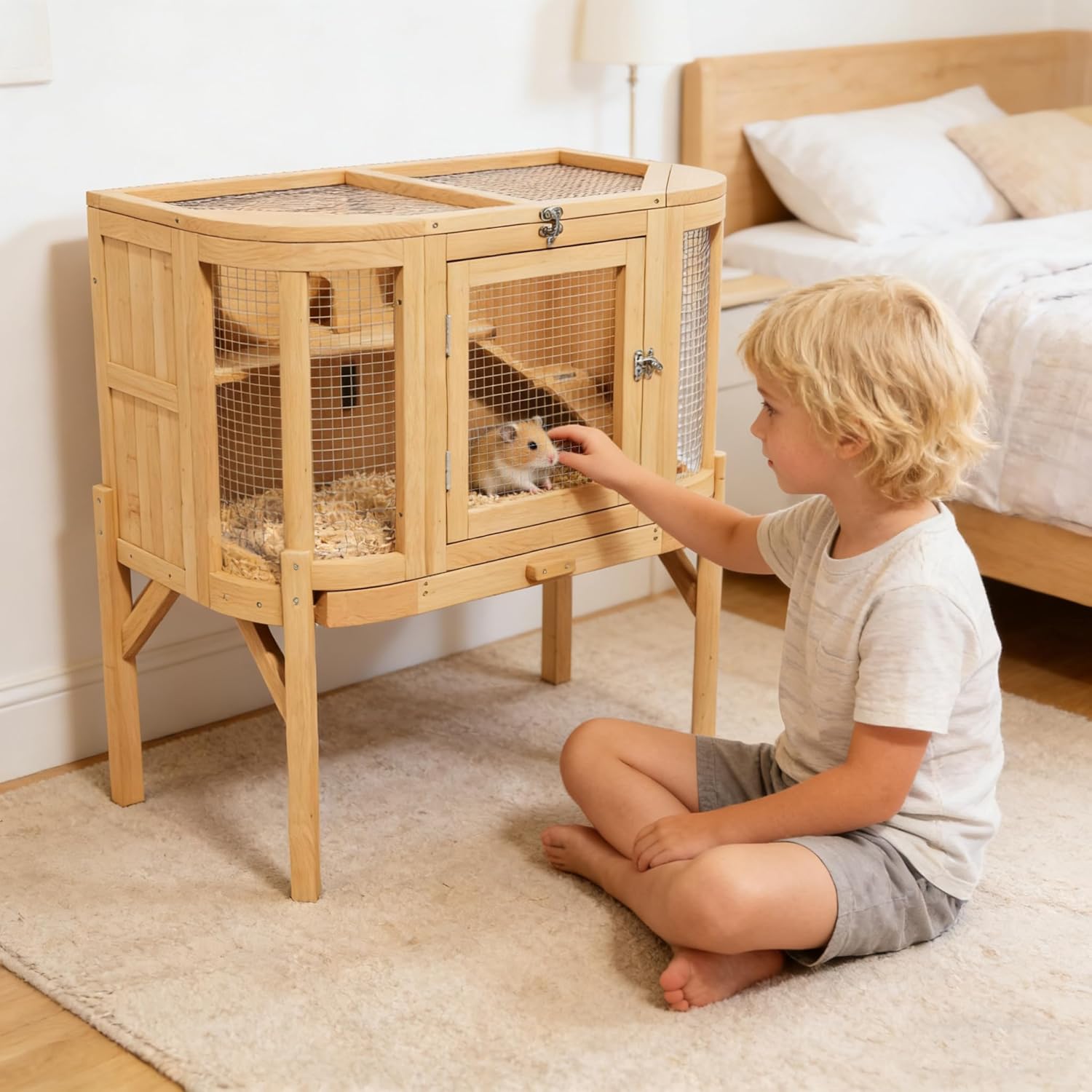 Wooden Hamster Cage, Large Double-Layered Rat Cage with Storage Area, Deep Pull-Out Tray, and Aesthetically Pleasing and Convenient Magnetic Door Design.(Wood Color)