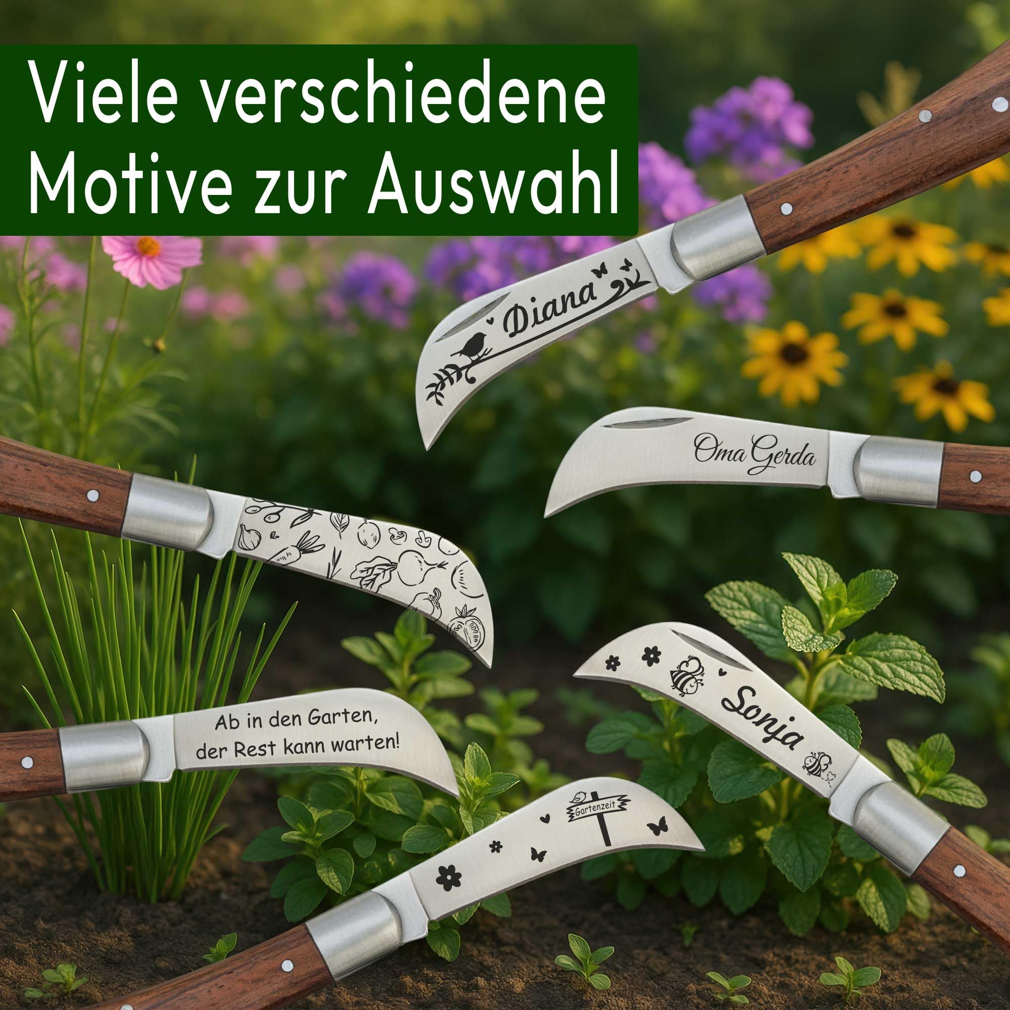 ADAM WILD Gartenmesser mit Gravur | Geschenke für Gärtner & Gartenliebhaber | Personalisiert für Hobbygärtner | gebogene Hippe-Klinge aus Edelstahl | zum Kräuter-, Blumenschnitt & Ernten | Gartenwerkzeug