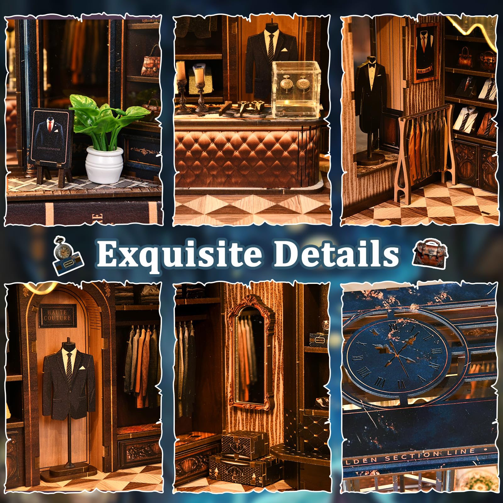Book Nook Kit – model złoty krój (luksusowy styl retro), miniaturowe drewniane puzzle 3D z oświetleniem LED, zestaw do majsterkowania dla dorosłych i nastolatków, prezent i dodatek do domu