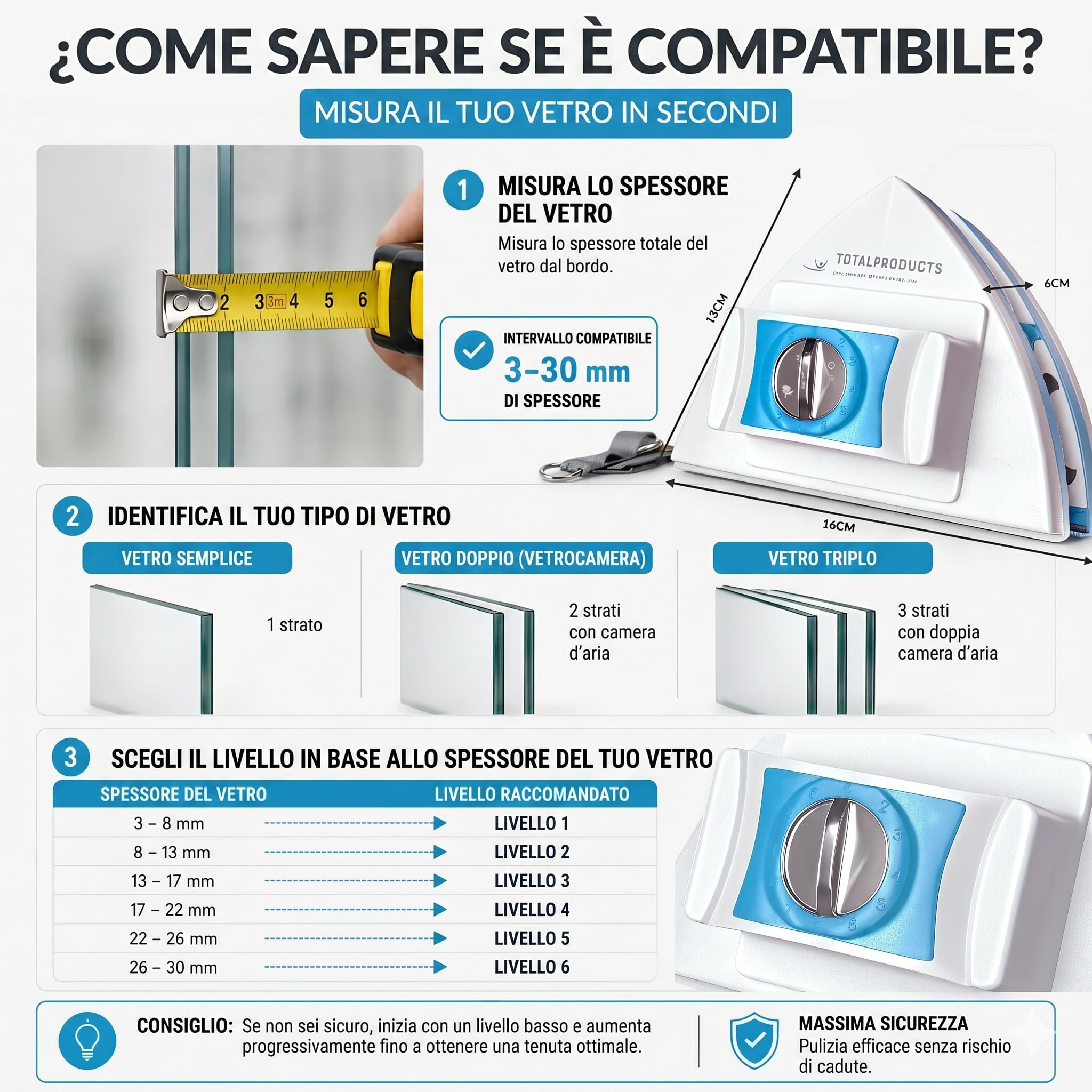 Lavavetri Magnetico Regolabile 3-30 mm, Pulitore Vetri Doppia Faccia, Corda di Sicurezza, Ricambi e Manuale