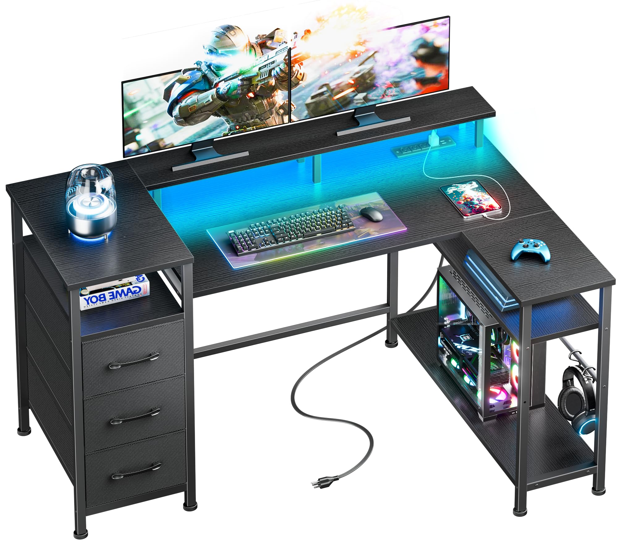 47 Inch Computer Desk with LED Lights & Power Outlet, L Shaped Office Desk with Drawers & Monitor Stand,Shelves, Corner Desk for Work, Home Office, Study, Black