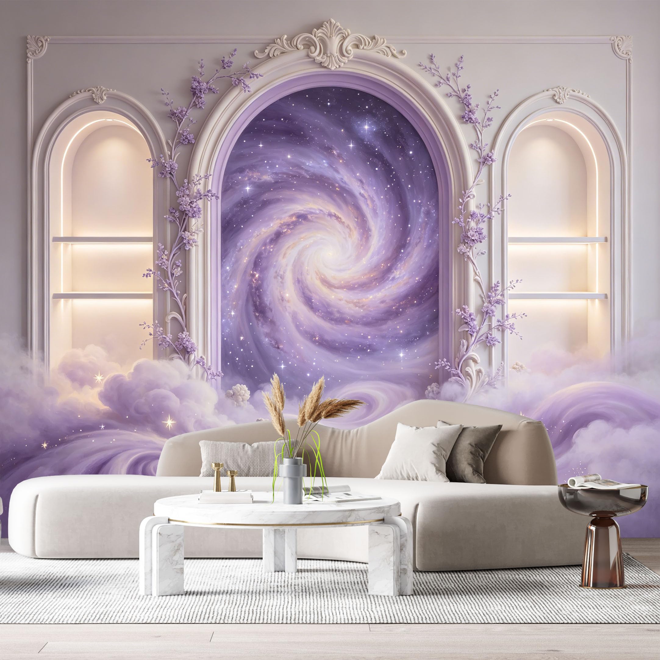 Custom Size Wall Murals Galaxy Archway Purple Cloud 3D Trompe L'Oeil SelfAdhesiveWall Fabric Removable Wallpaper Wall Decor for Living Room Bedroom Bathroom