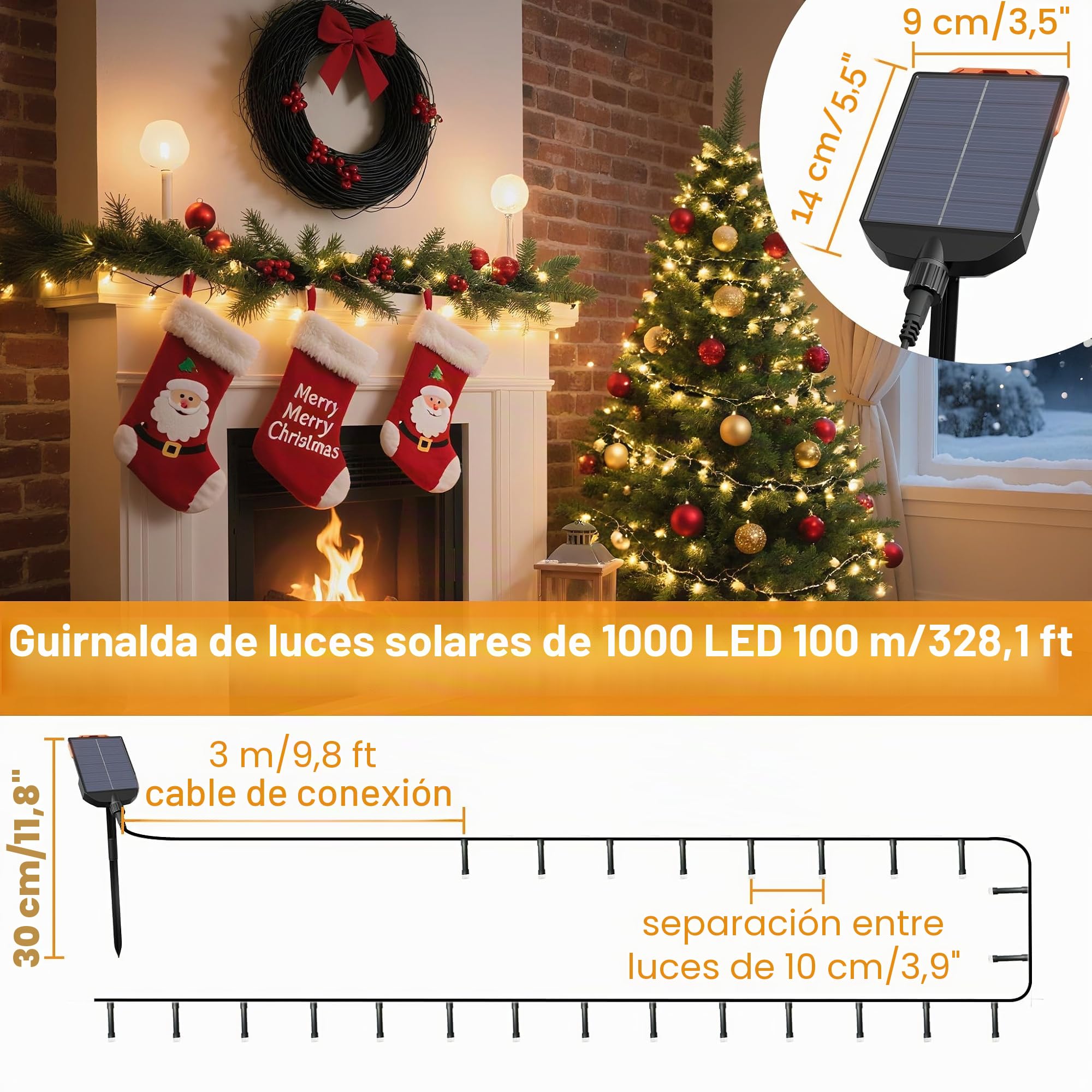 UISEBRT Guirnalda de luces solares para Exteriores - 100m 1000 Leds Navidad luz blanca cálida Luces Solares Resistentes a la Intemperie con 8 modos y temporizador para Navidad Pascua
