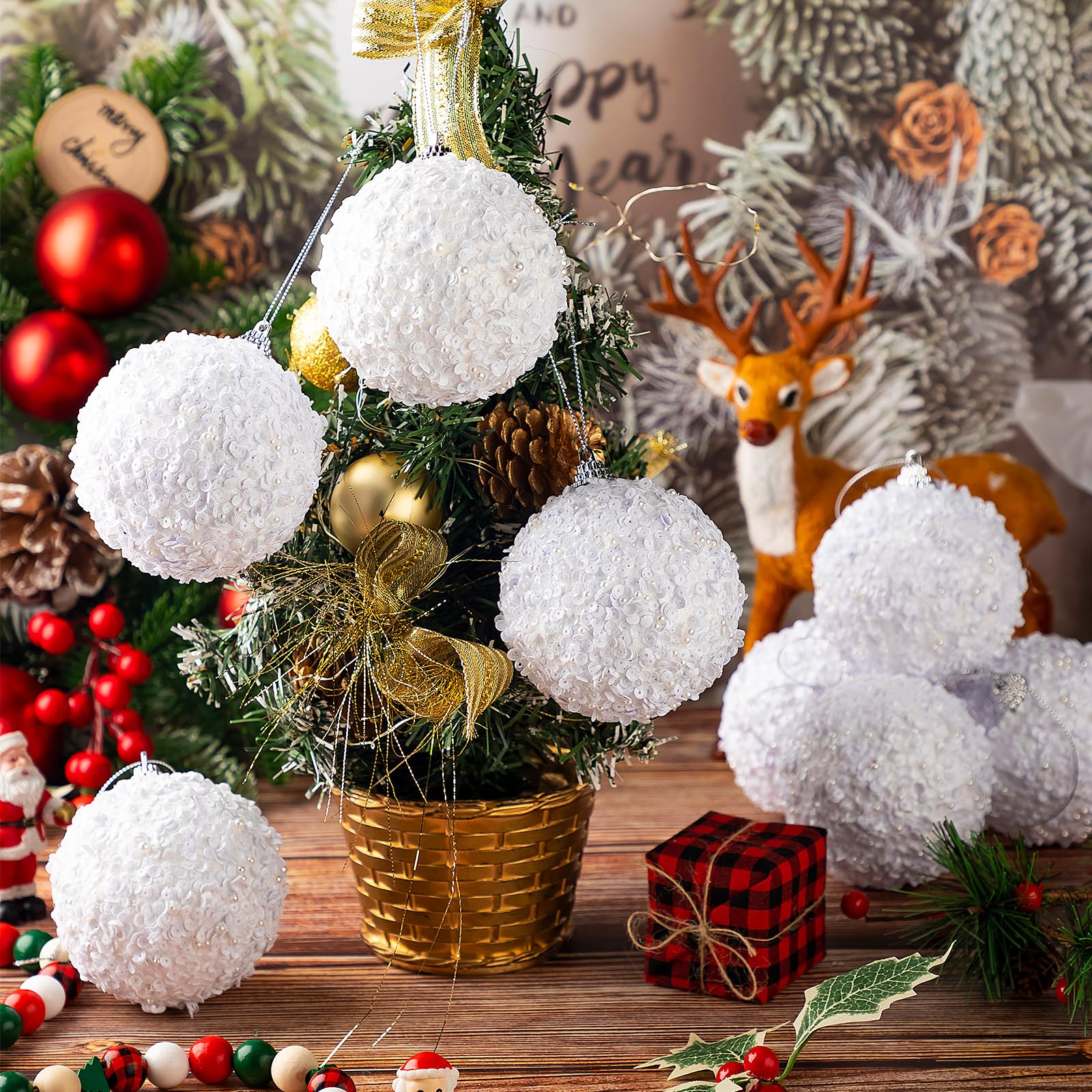 Liliful 24 adornos de bola de Navidad de 3.15 pulgadas con purpurina, decoraciones de árbol de Navidad, adornos colgantes grandes de Navidad para árbol de Navidad, boda, hogar, mesa, fiesta,