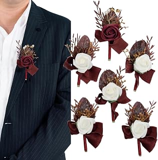 Burgundy & White Boutonniere for Men,Gothic Prom boutonnieres,Groom and Groomsmen Boutonniere for Wedding Ceremony Anniversary, Formal Dinner Party and Grad Night (Set of 6)