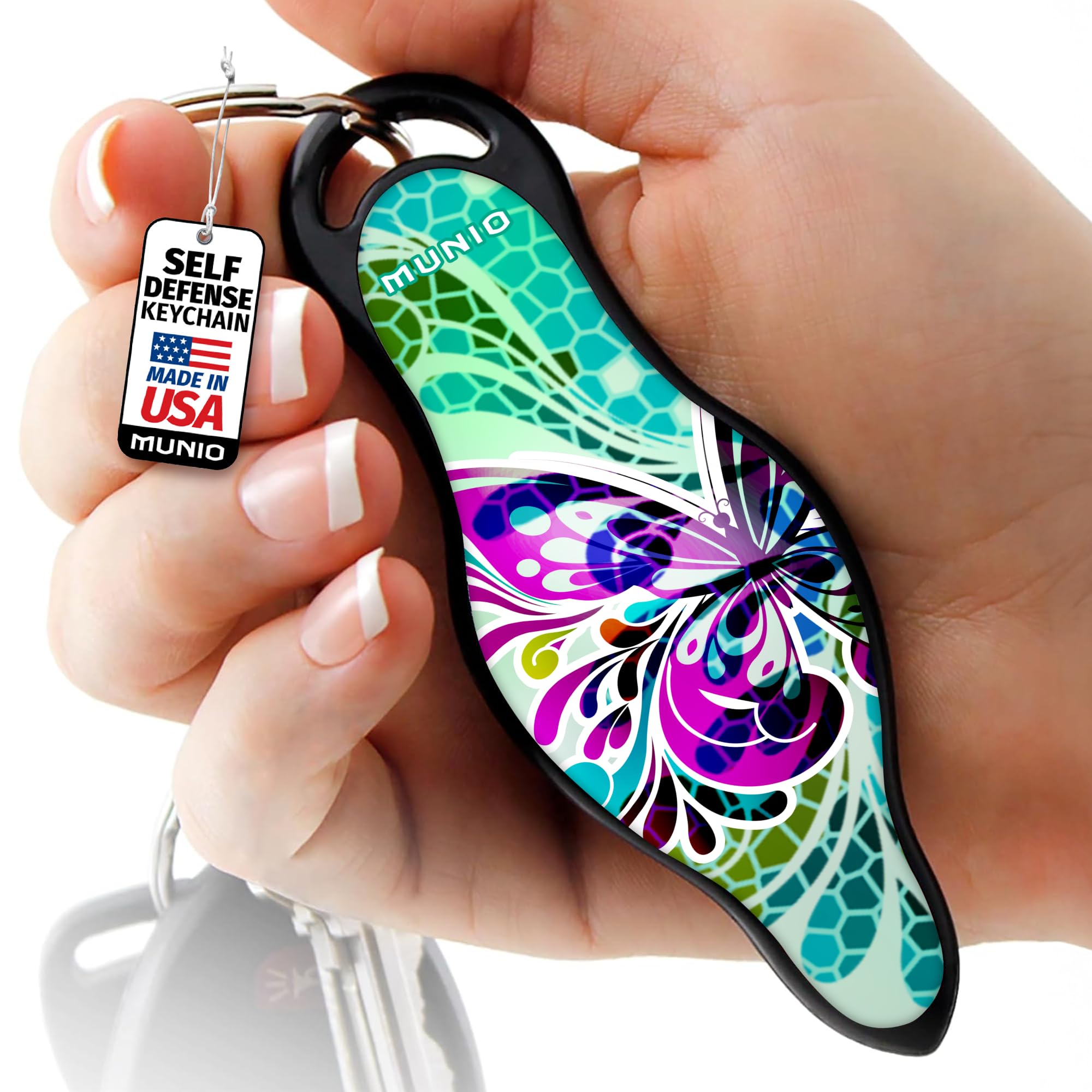 MUNIO Self Defense Keychain – Lightweight, Stylish & Portable Safety Tool for Women & Men – Non-Lethal Kubotan, Easy to Use, TSA Approved – Made in USA – Butterfly Glass Design