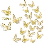 3D Butterfly Wall Stickers, 72Pcs 3 Sizes 3 Styles, Removable Metallic Wall Decals Fridge Sticker Room Mural Decoration for Kids Bedroom Nursery Classroom Party Wedding Decor DIY Gift (Gold)