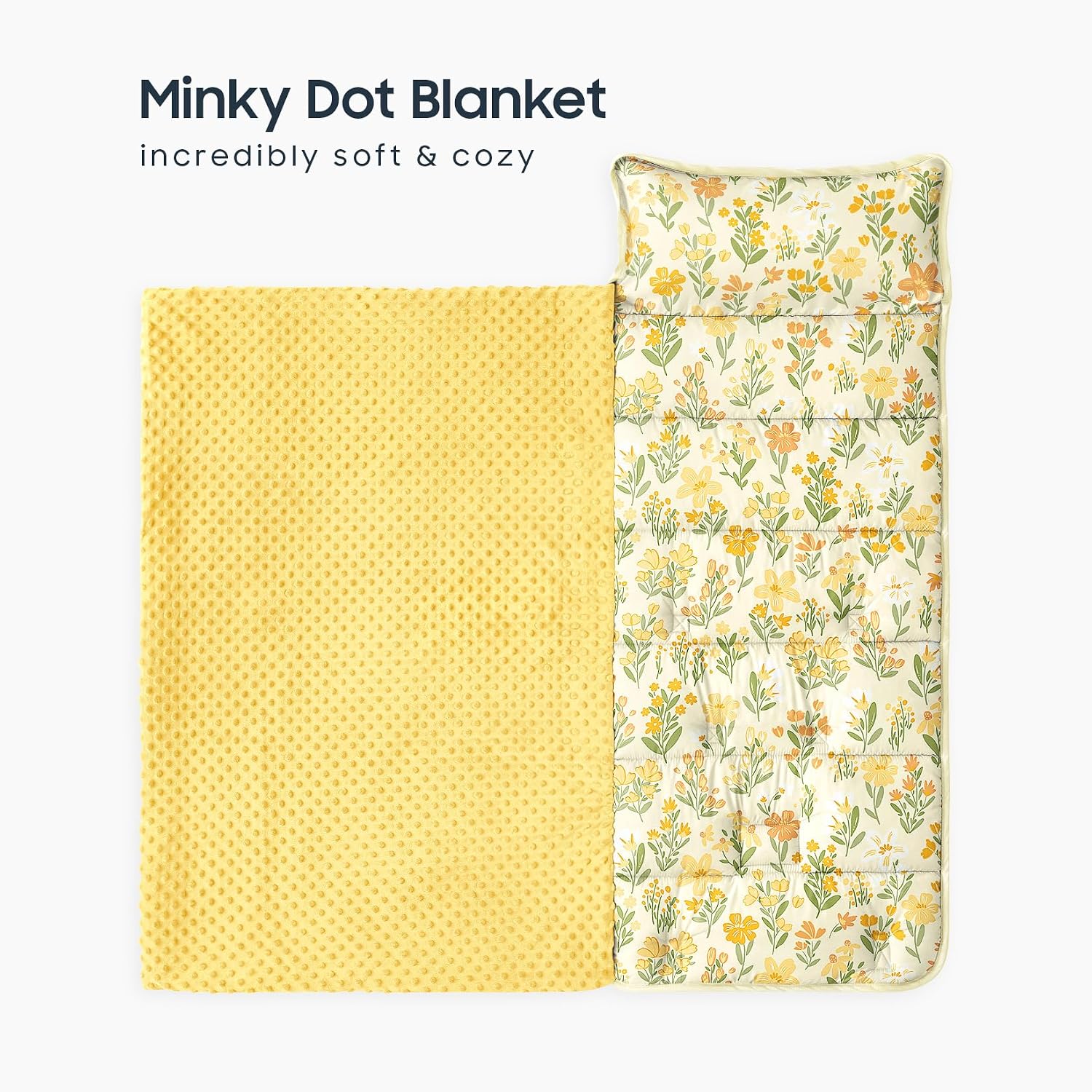 Wake In Cloud - Toddler Nap Mat with Pillow and Minky Fleece Blanket, for Kids Girls Ages 3 Plus in Daycare Preschool Kindergarten, Roll Up Sleeping Bag, Floral Flowers
