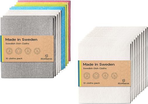 Swedish Dishcloths - 20 Pack Assorted & White, Multi-Surface, Eco-Friendly, Reusable, Absorbent, No Odor, Cellulose & Cotton, Made in Sweden.