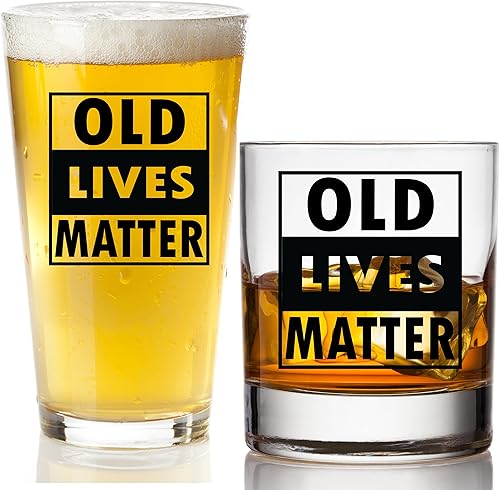Old Lives Matter - Paquete de vasos de cerveza y vasos de whisky, divertidos vasos de cerveza y rocas, regalos de broma para hombres, regalo ideal
