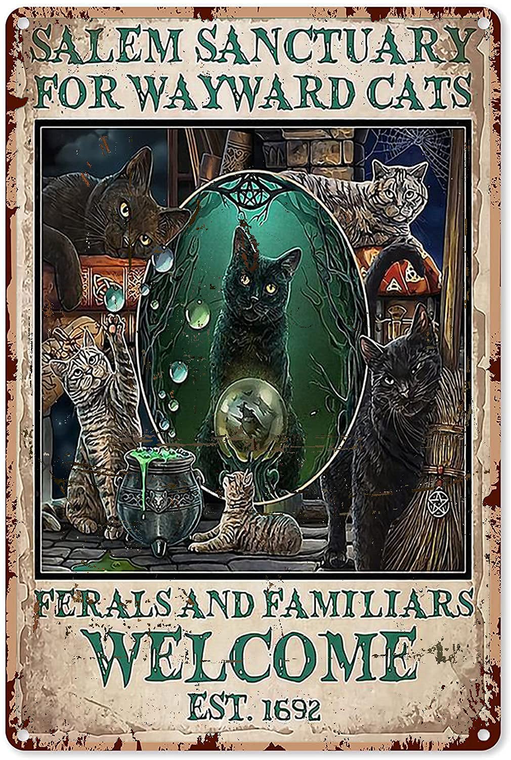 rayprint Halloween Salem Sanctuary For Wayward Cats Witch Tin Sign Decoration Vintage Chic Metal Poster Wall Decor Art Gift 12x8 Inch, Yellow