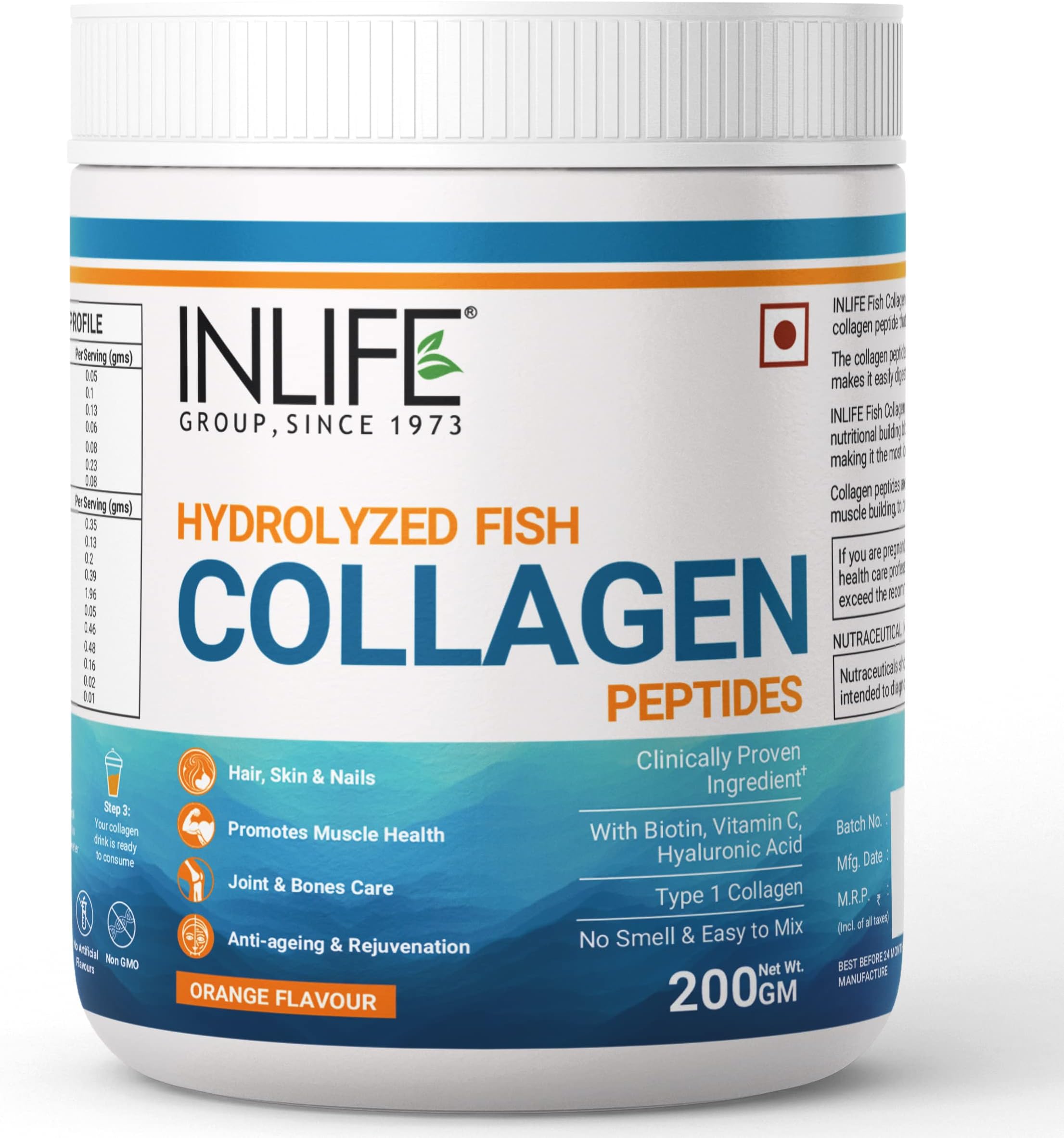 INLIFEHydrolyzed Marine Fish Collagen Peptides Powder, Clinically Proven (with Biotin, Hyaluronic acid & Vitamin C) Supplement for Skin Hair for Men Women, Type 1 Collagen, 200 grams (Orange)