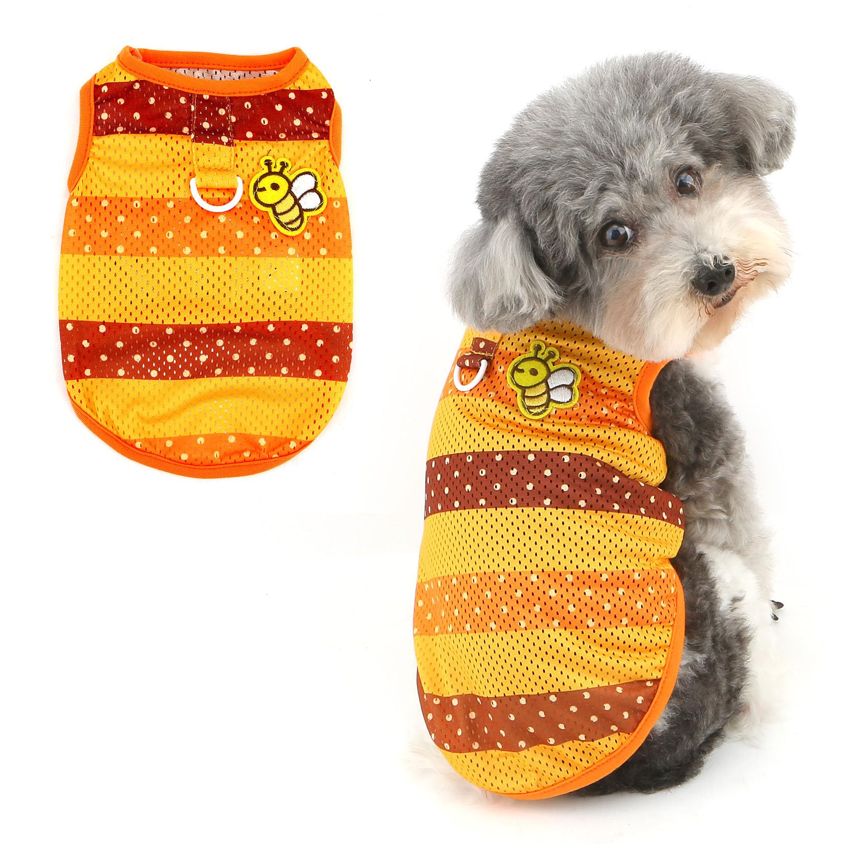 Ranphy Bumble Bee Pet Mesh Tee Shirt for Xsmall Small Dog Breathable Puppy Tank Top Striped Sleeveless Vest Yorkie Chihuahua Spring Summer Clothes Cat Clothing D-ring,Orange,S