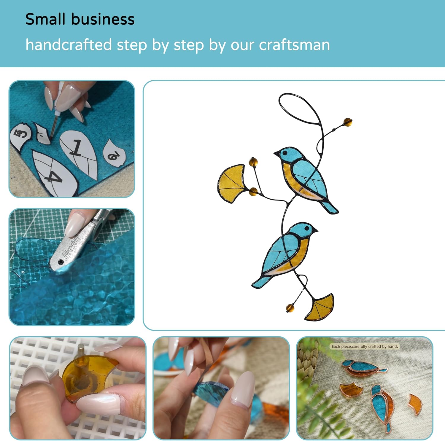Lolitarcrafts One Pair Birds On Branch Stained Glass Window Hangings Suncatchers– Handcrafted Real Glass with Copper Foil Edging, Gifts for Women Mom Grandma Bird Lovers (Blue Bird)