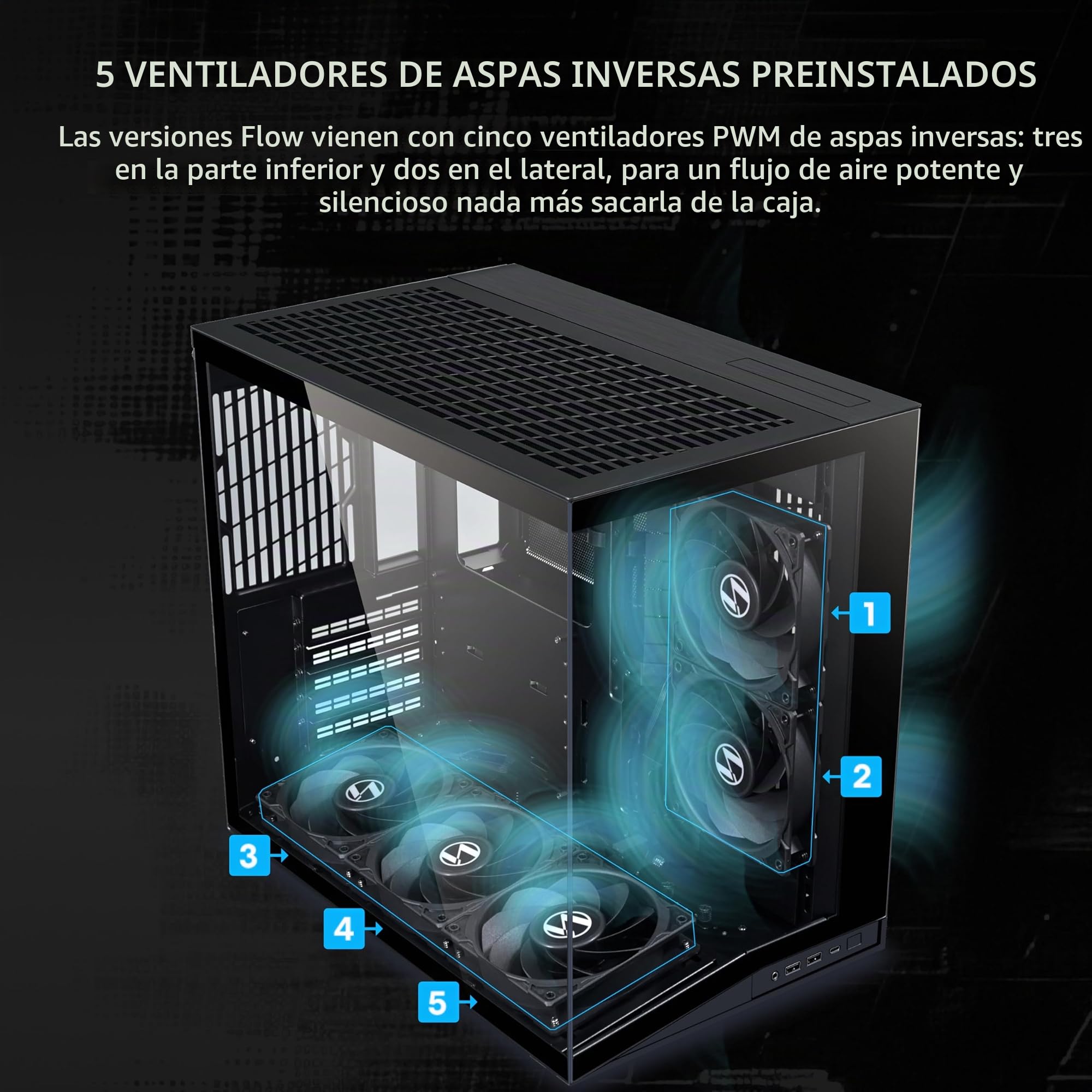 Lian LI O11D Mini V2 Flow O11DMIV2FX Caja compacta ATX Media Airflow Vista panorámica Flujo de Aire de Alto Rendimiento Incluye 5 Ventiladores de Hoja inversa de 120 mm Gestión de Cables