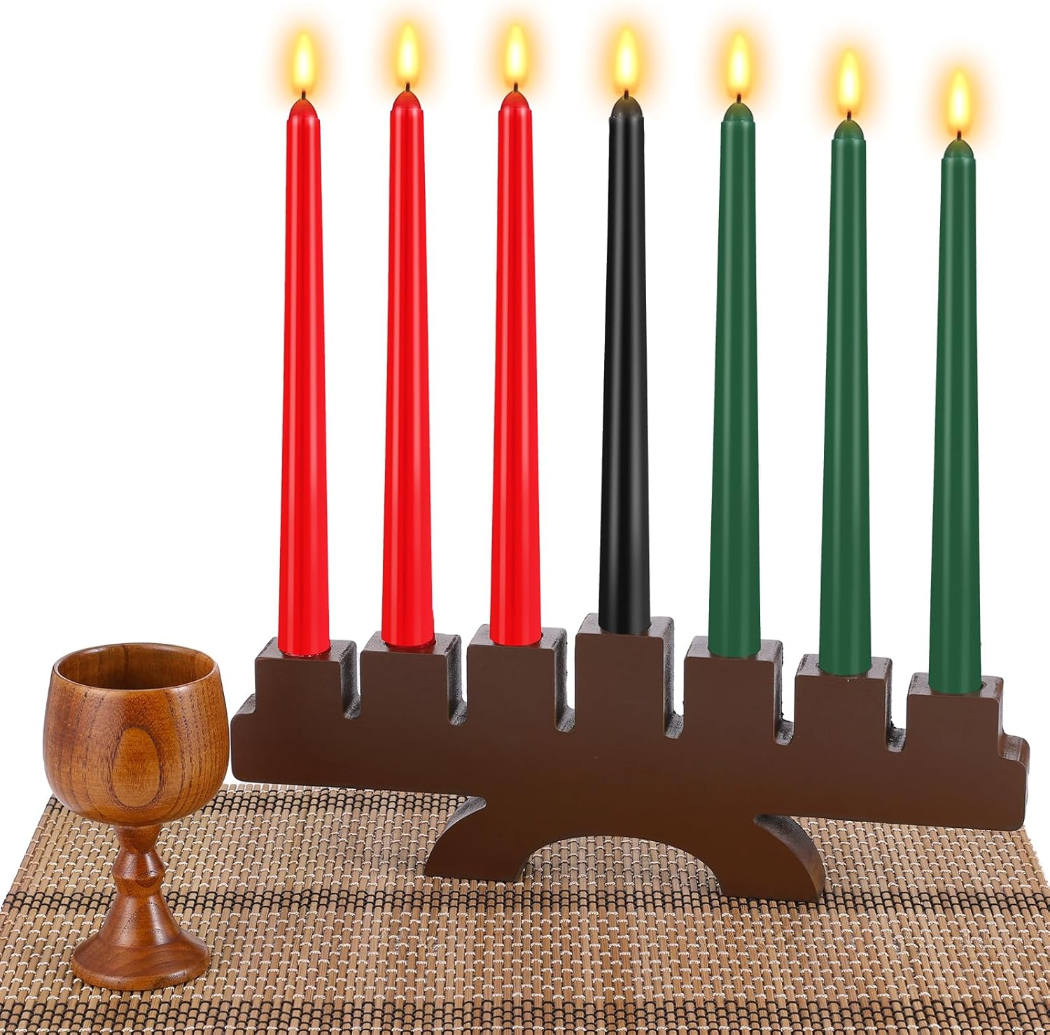 10 Pcs Kwanzaa Kinara Set - 3 Red, 3 Green, 1 Black Kwanzaa Candles Holder with Bamboo Table Mat & Wooden Wine Goblet for Celebration Decoration