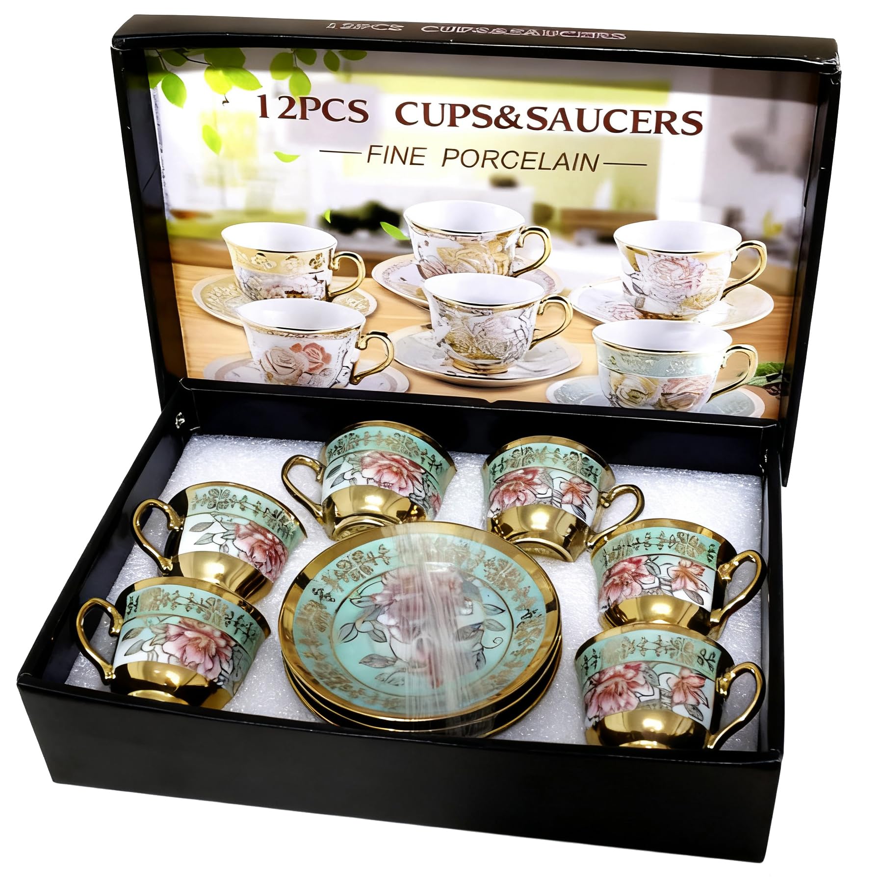 Photo 1 of **COUPLE OF PLATES ARE CHIPPED**6 Sets 3 OZ Porcelain Bucket Coffee Cup and Saucers, Juice Cup & Saucer Pot with Gift Box, Uniform Creamer Milk Pull Flower Frothing Pitchers Ceramic Ware with Handle - Green