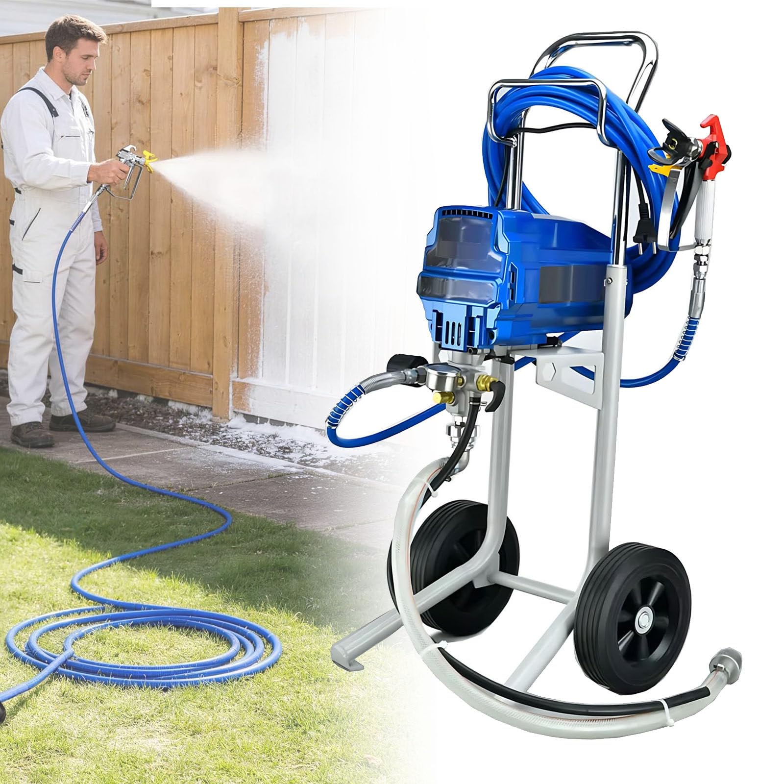 Spruzzatore Airless per Vernice con Supporto, 2 L/min, Pistola per Verniciare da 1800 W, Pressione di Spruzzo Regolabile, per Mobili e Recinzioni Interni ed Esterni di Casa