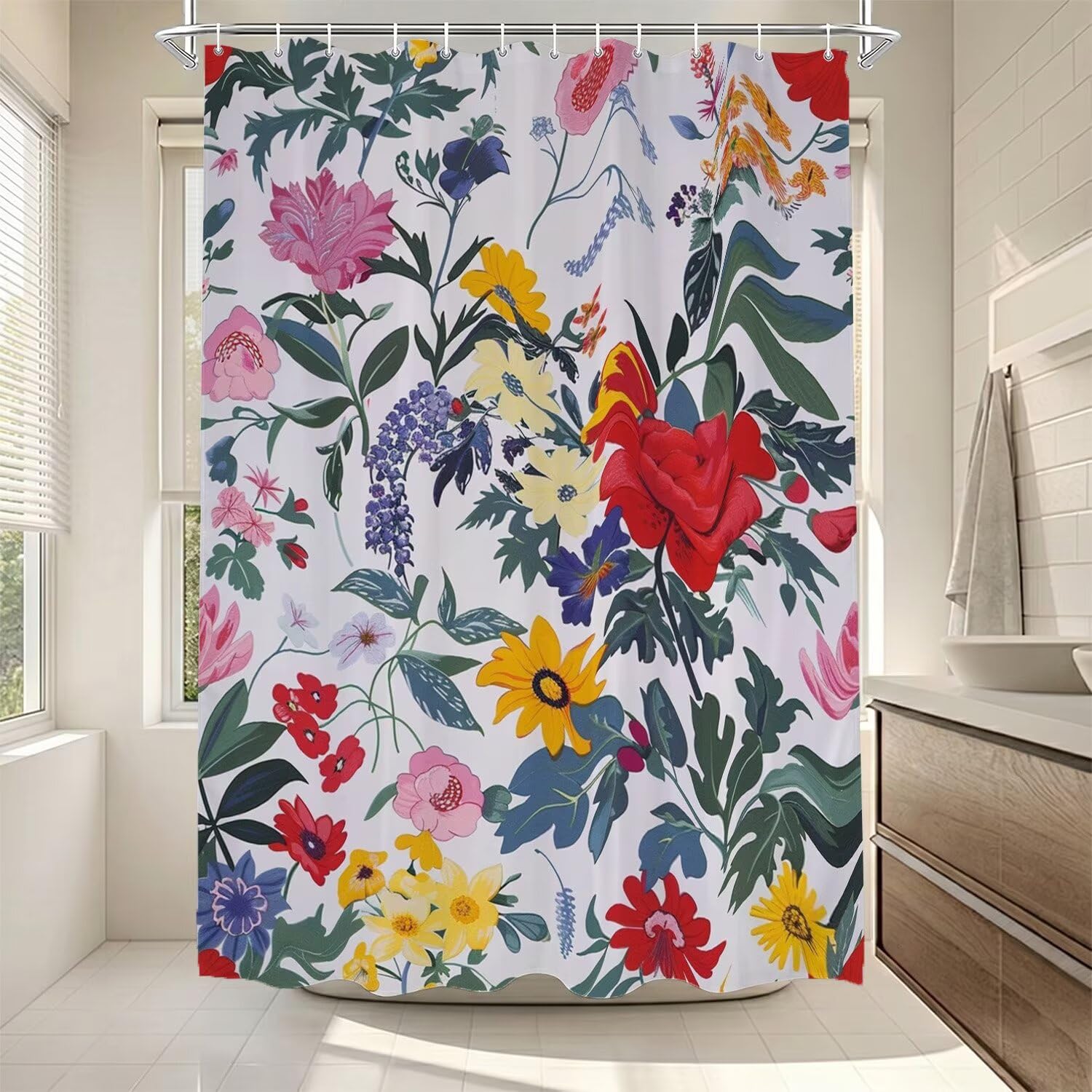 Rideau de douche 120x180cm en tissu polyester motif fleur avec anneaux ZO-827