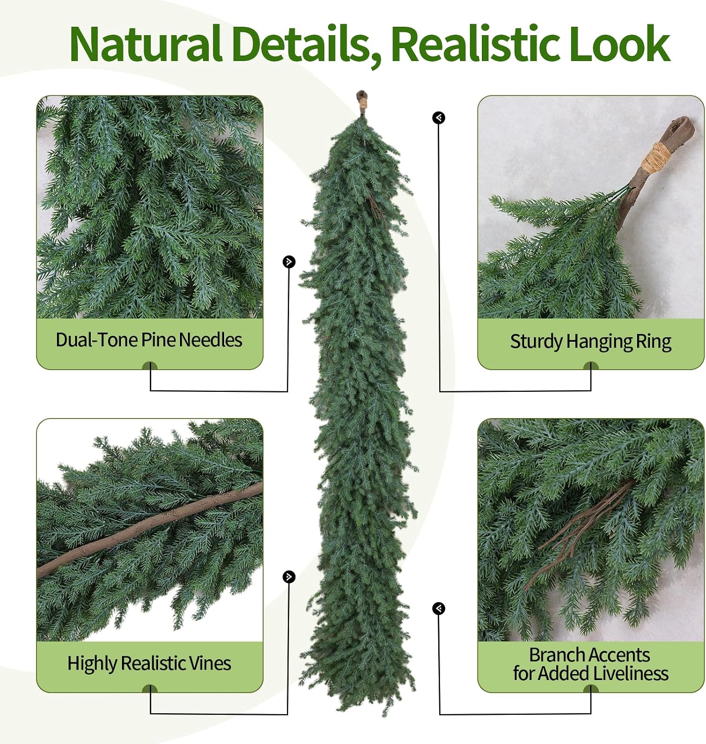 Norfolk Pine Garland – 6FT Artificial Christmas Garland, Greenery Garland for Winter Holiday Decorations, Indoor Outdoor Use on Mantel, Table, Wall or Door