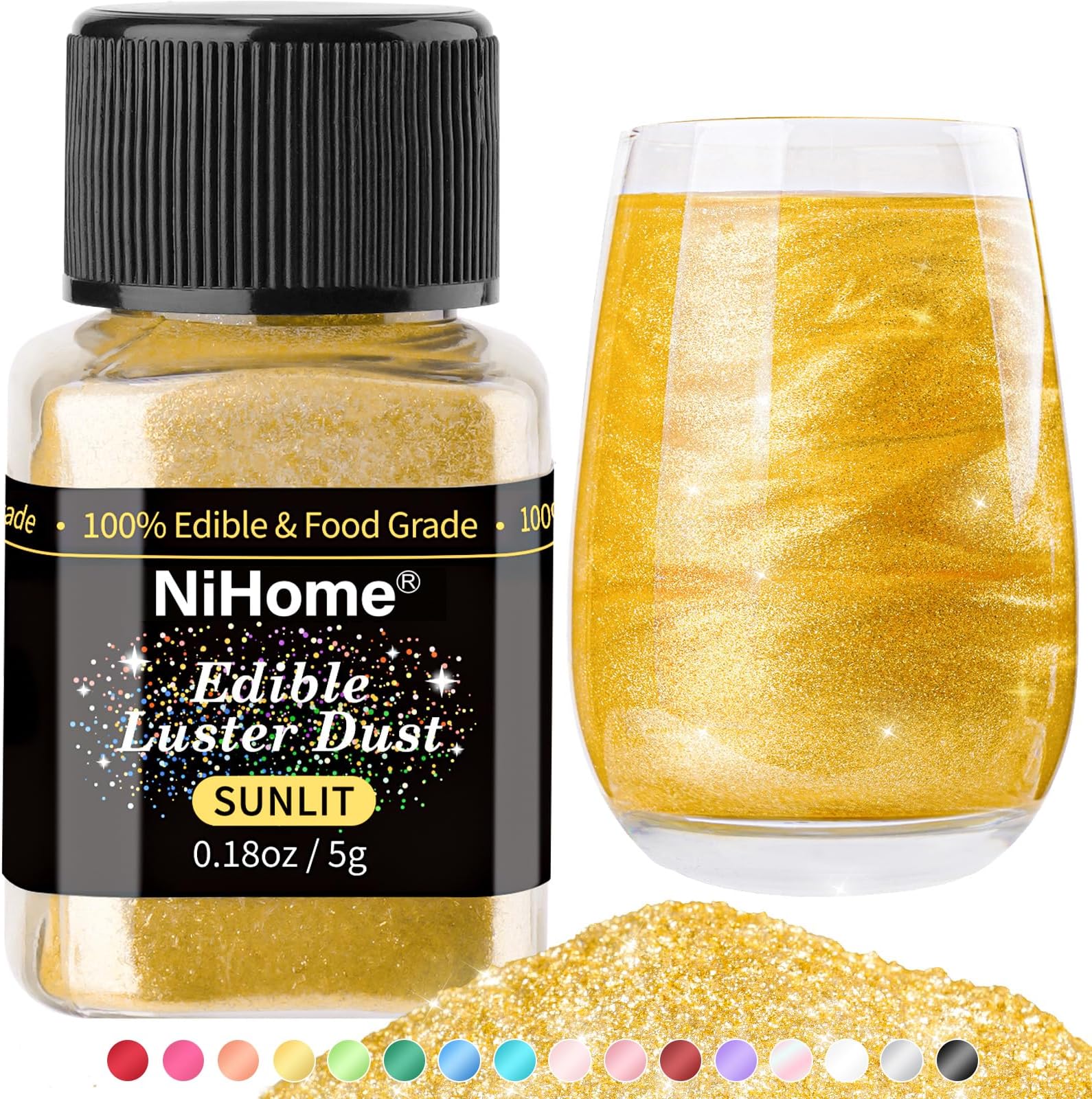 Edible Luster Dust Glitter Powder Metallic Fancy Food Decorating Sprinkle Glimmery Brew Dust for Drink Wine Beverage Cake Dessert Home Bakery Restaurant Vegan Allergen-Free (Sunlit, 5g/0.18oz)