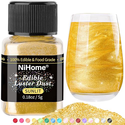 NiHome Edible Luster Dust Glitter Powder Metallic Fancy Food Decorating Sprinkle Glimmery Brew Dust for Drink Wine Beverage Cake Dessert Home Bakery Restaurant Vegan Allergen-Free (Sunlit, 5g/0.18oz) - Sunlit